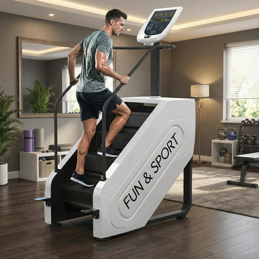 Step machine with digital display on a white background