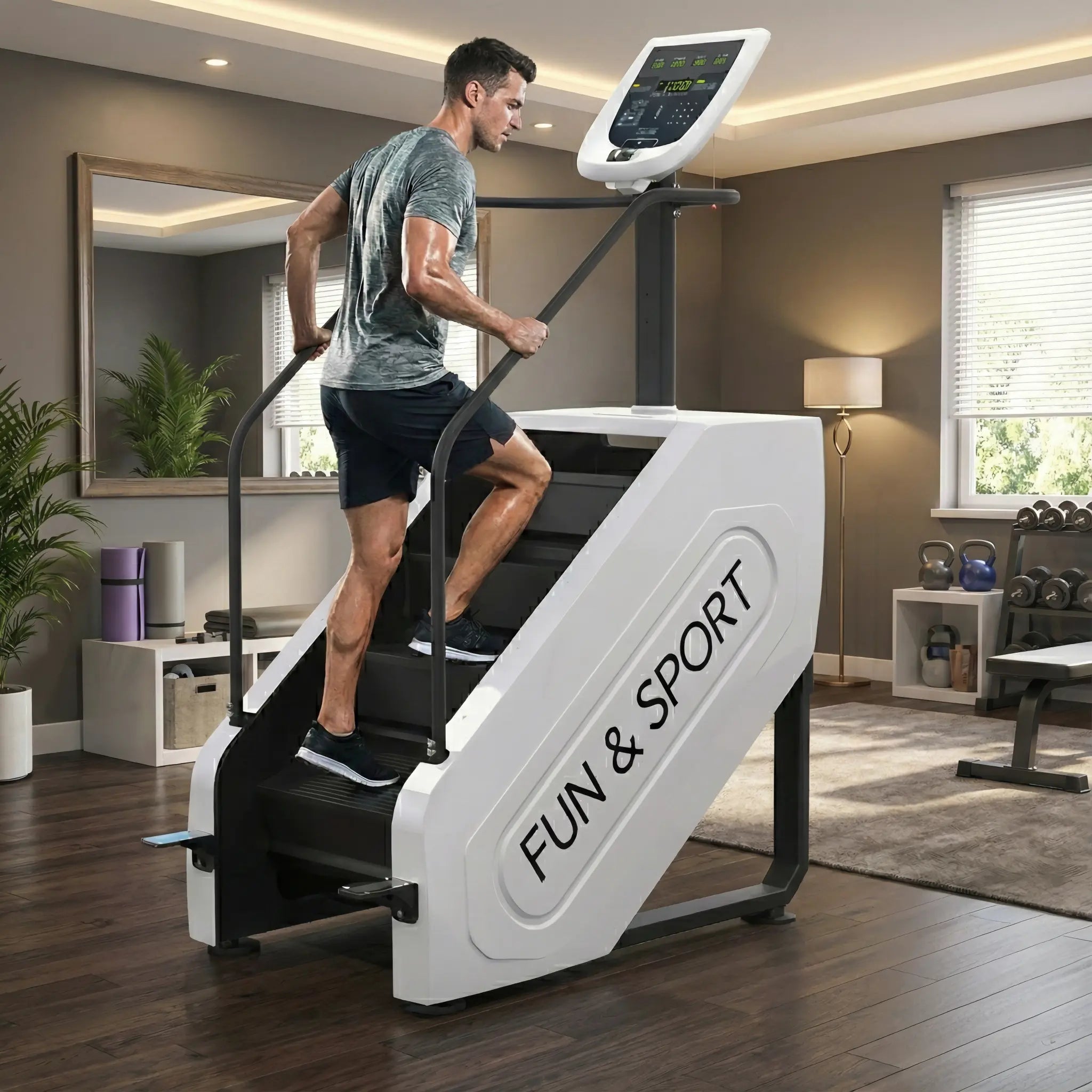Man using a stair stepper machine in a home setting with 'Fun & Sport' branding.