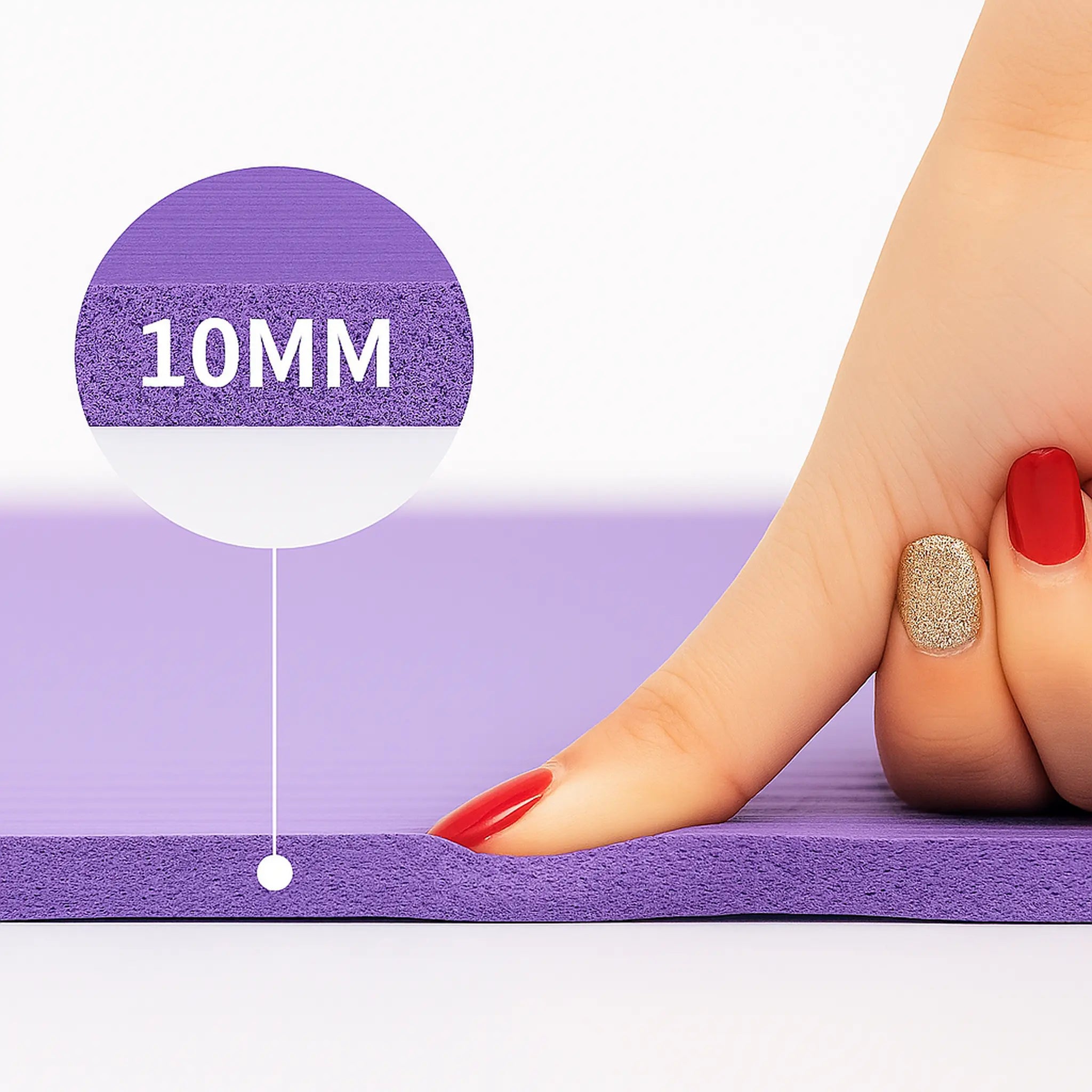 Close-up view of the exercise mat showing 10mm cushioning thickness under finger pressure.