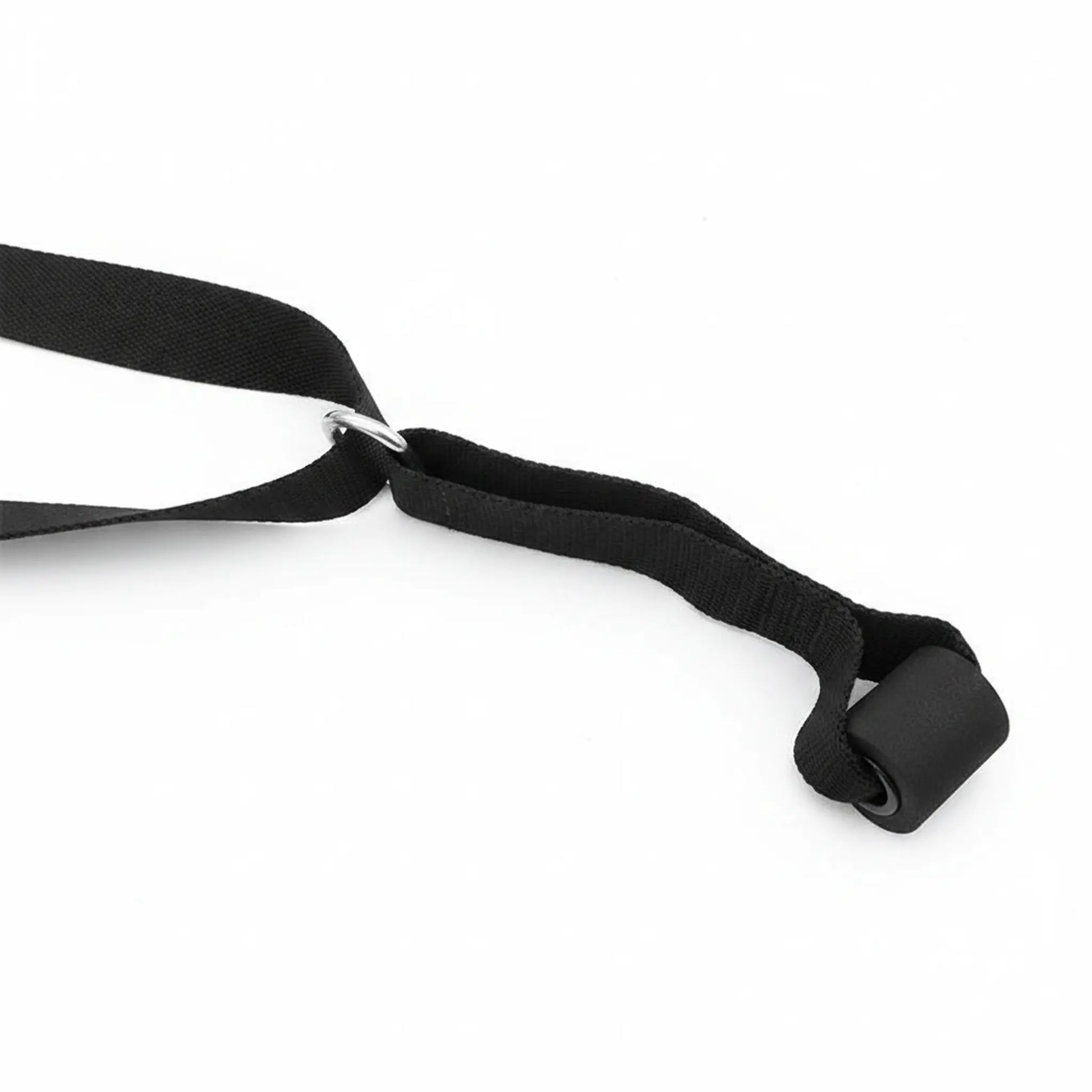 Adjustable stretch strap with reinforced door anchor and metal ring attachment.