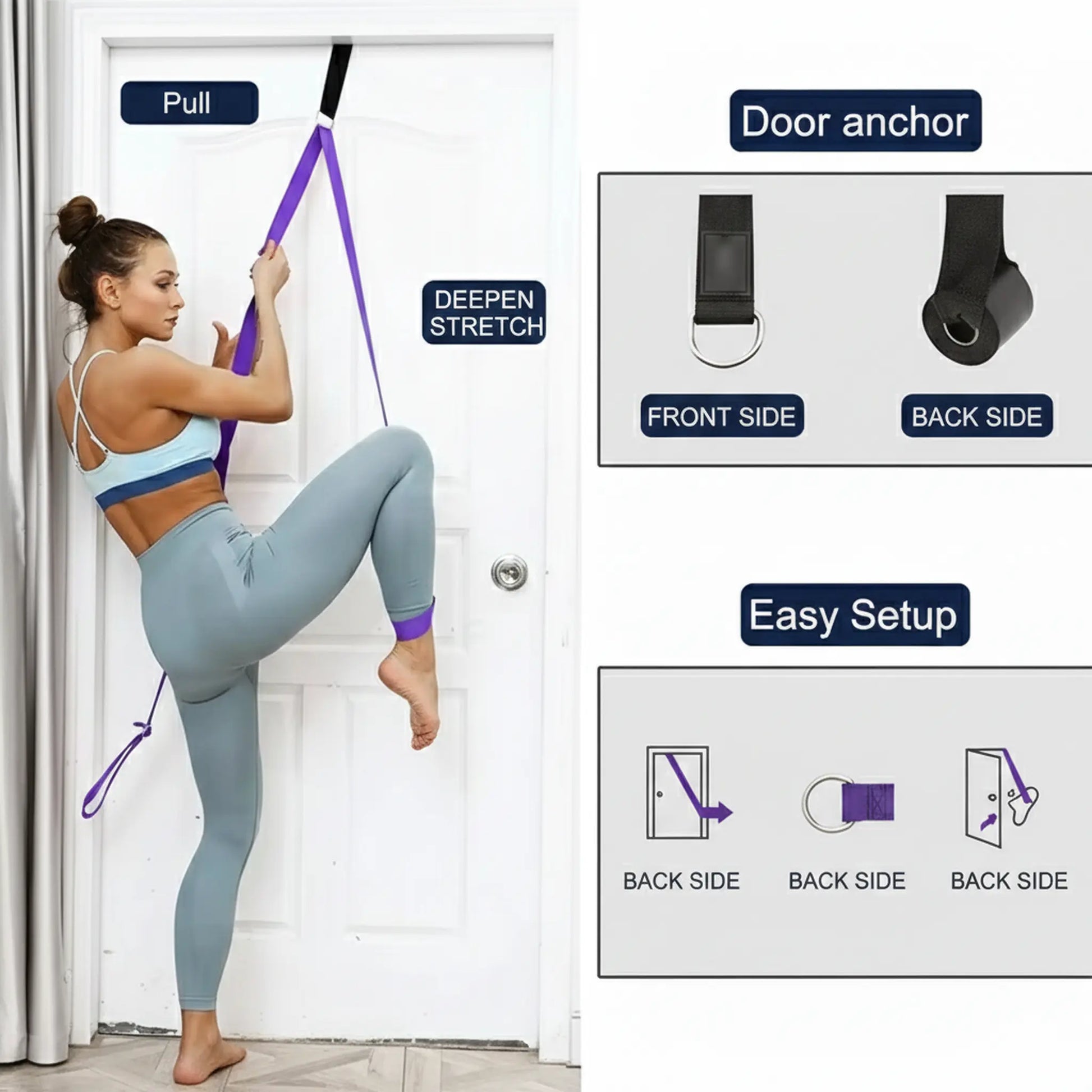 Athlete performing an assisted hamstring stretch using a door anchor stretch strap.