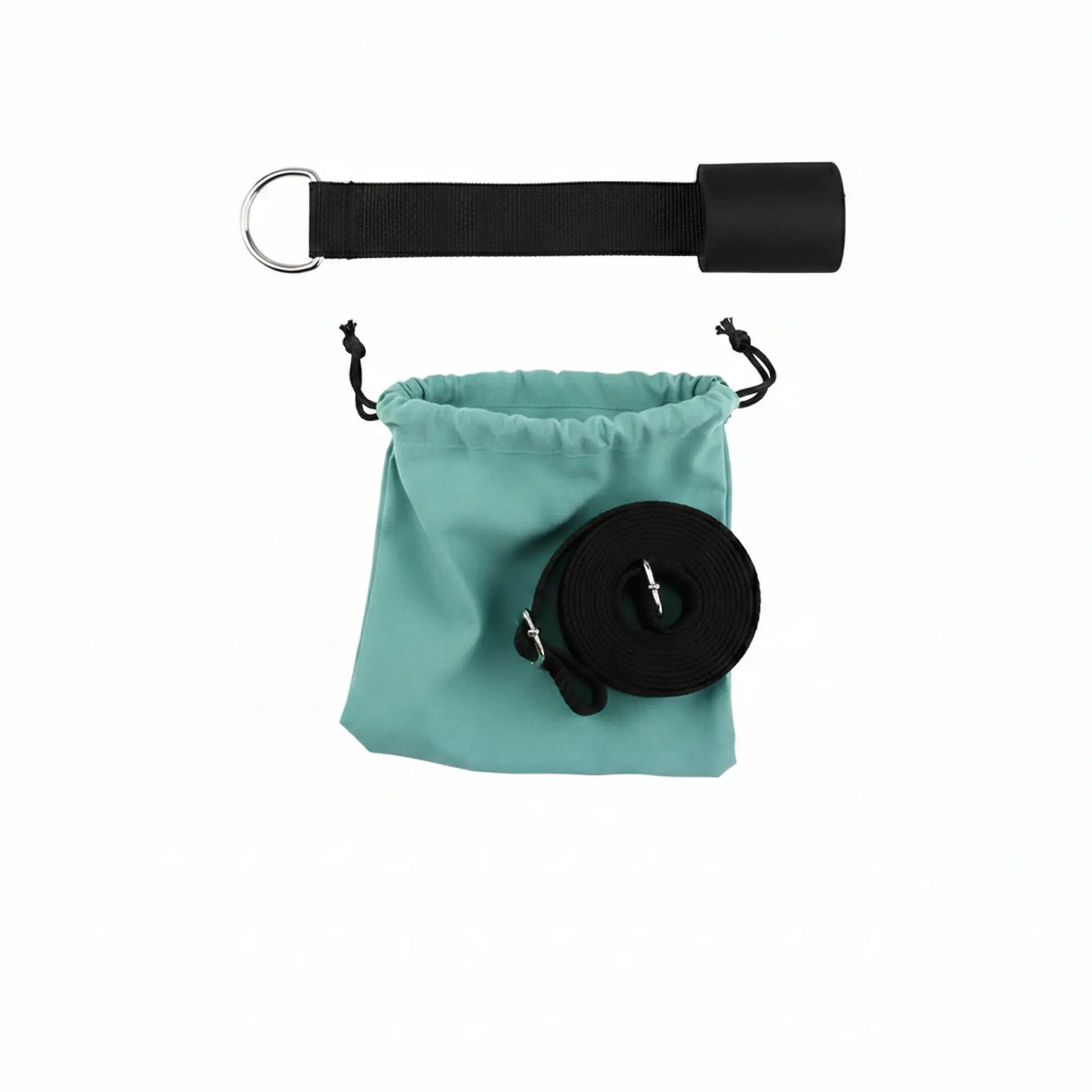 Portable door anchor stretch strap kit with storage bag for home flexibility training.