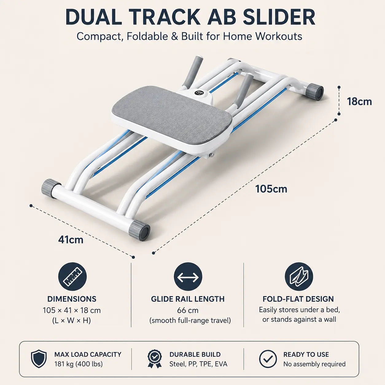 Dual Track Ab Slider dimensions showing 105 × 41 × 18 cm folded footprint