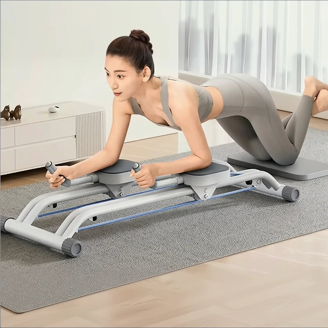 Dual Track Ab Slider with foldable frame, knee pad, arm support pad and digital timer