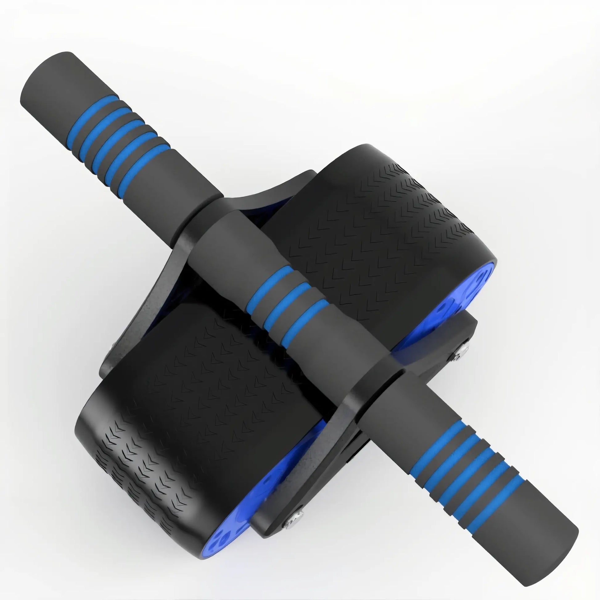 Close-up of non-slip rubber wheels on dual-wheel ab roller