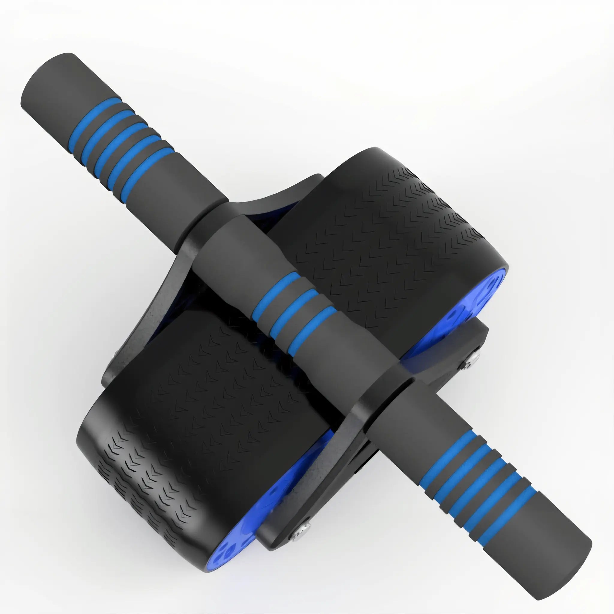 Close-up of non-slip rubber wheels on dual-wheel ab roller