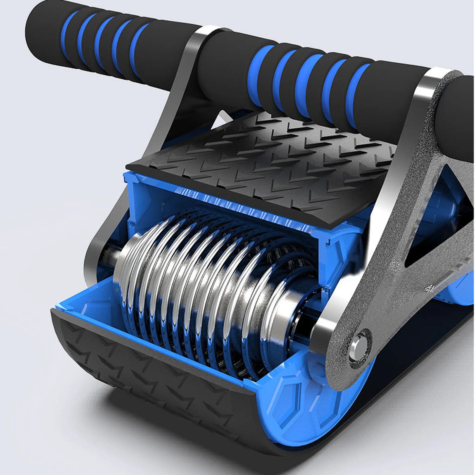 Cutaway view of dual-wheel ab roller showing built-in rebound spring mechanism