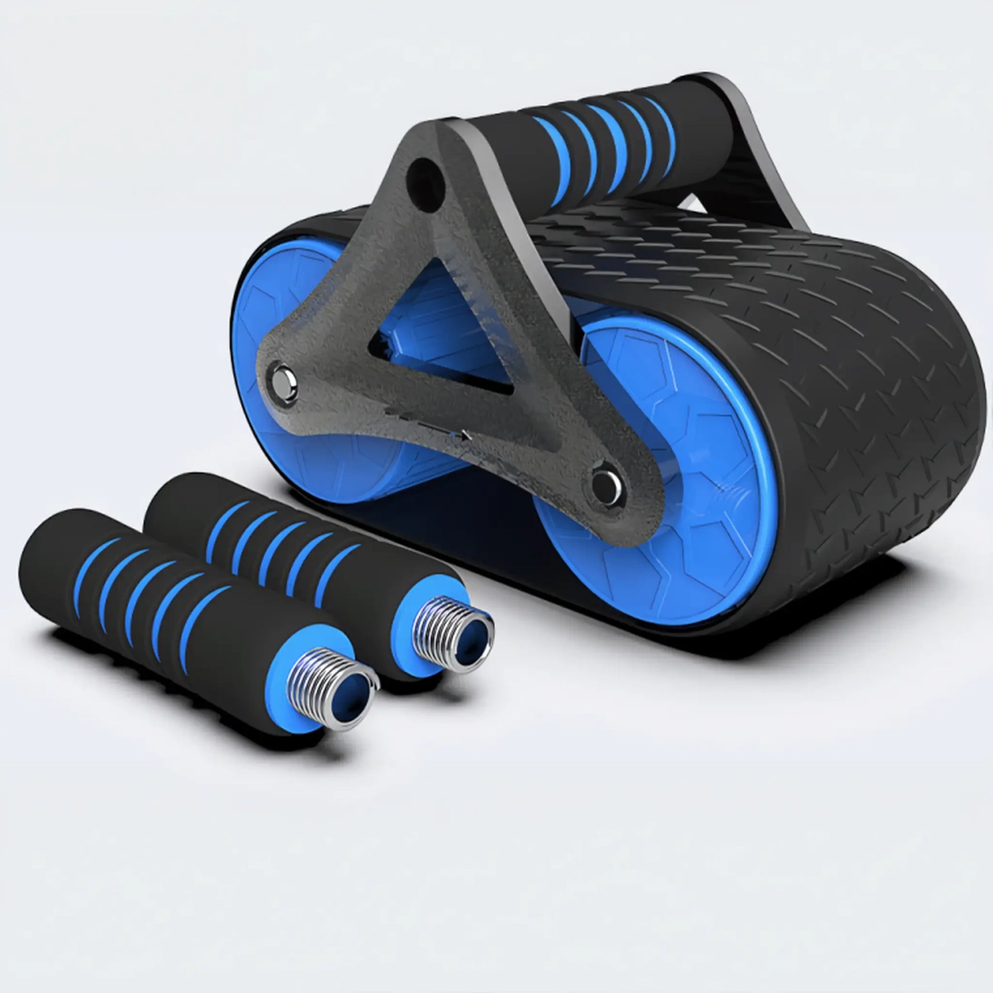 Dual-wheel ab roller with removable foam grip handles and reinforced frame