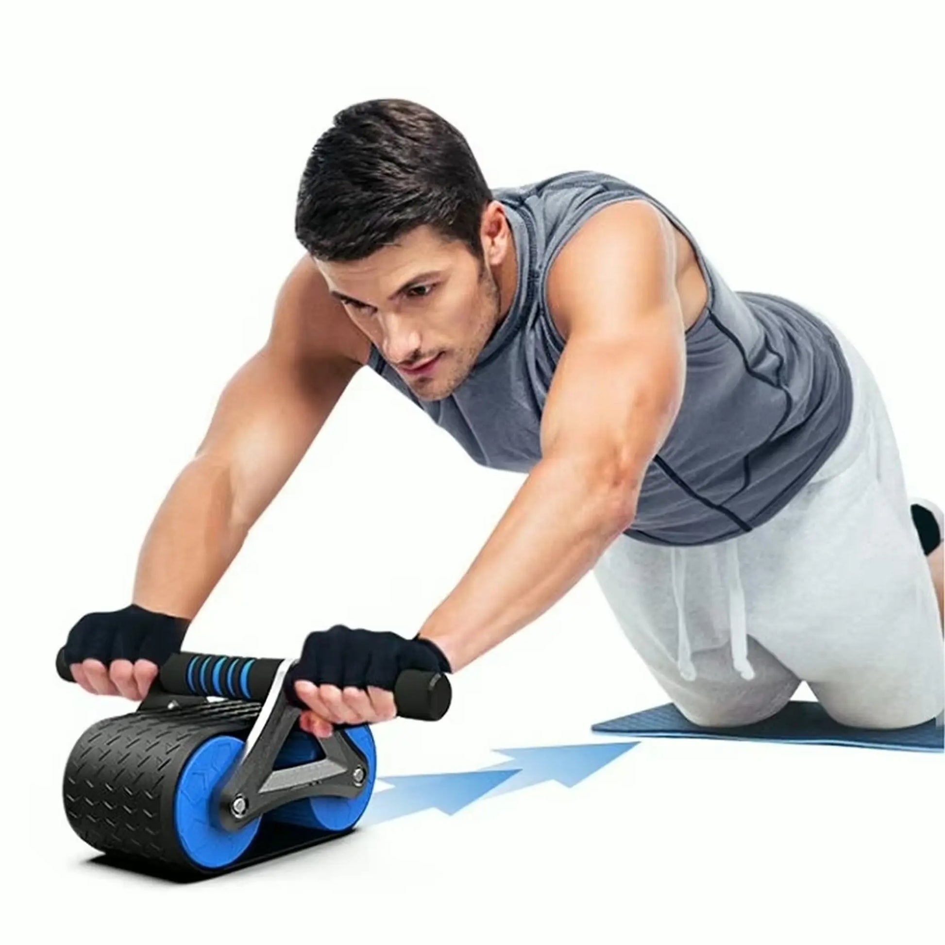 Man performing kneeling rollout exercise using a dual-wheel ab roller