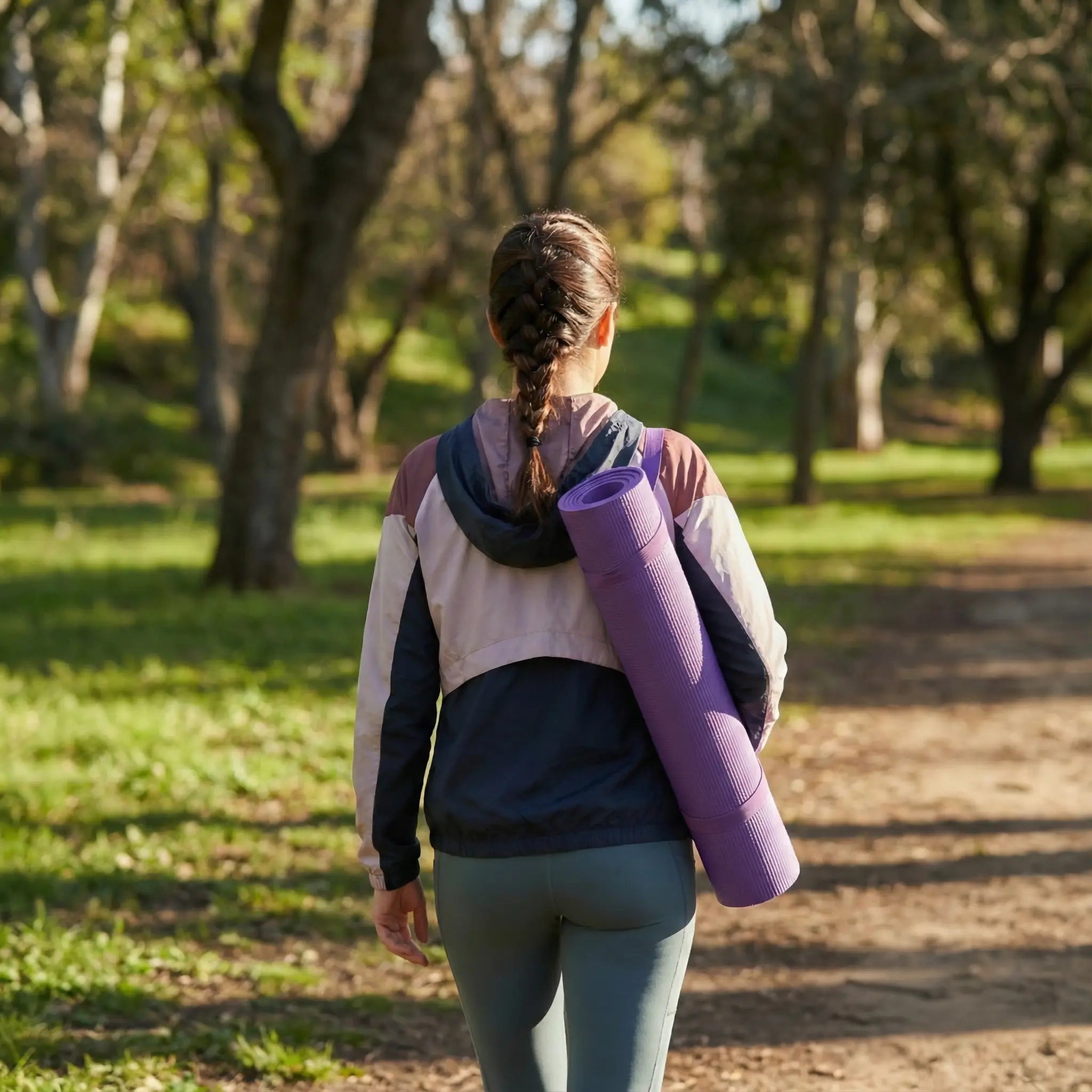 Person walking outdoors carrying a rolled purple exercise mat over their shoulder.