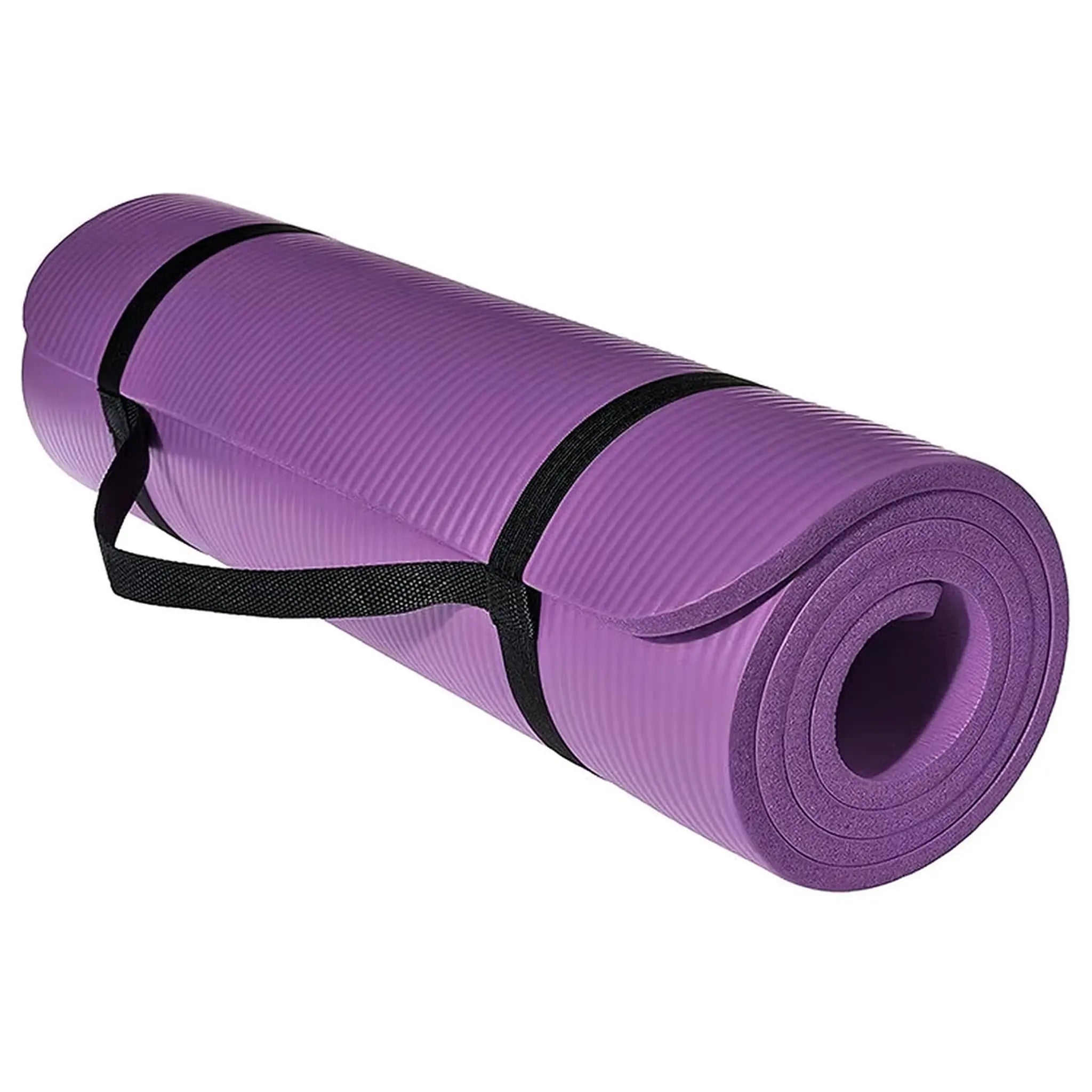 Rolled purple exercise mat secured with a black carry strap for easy transport.