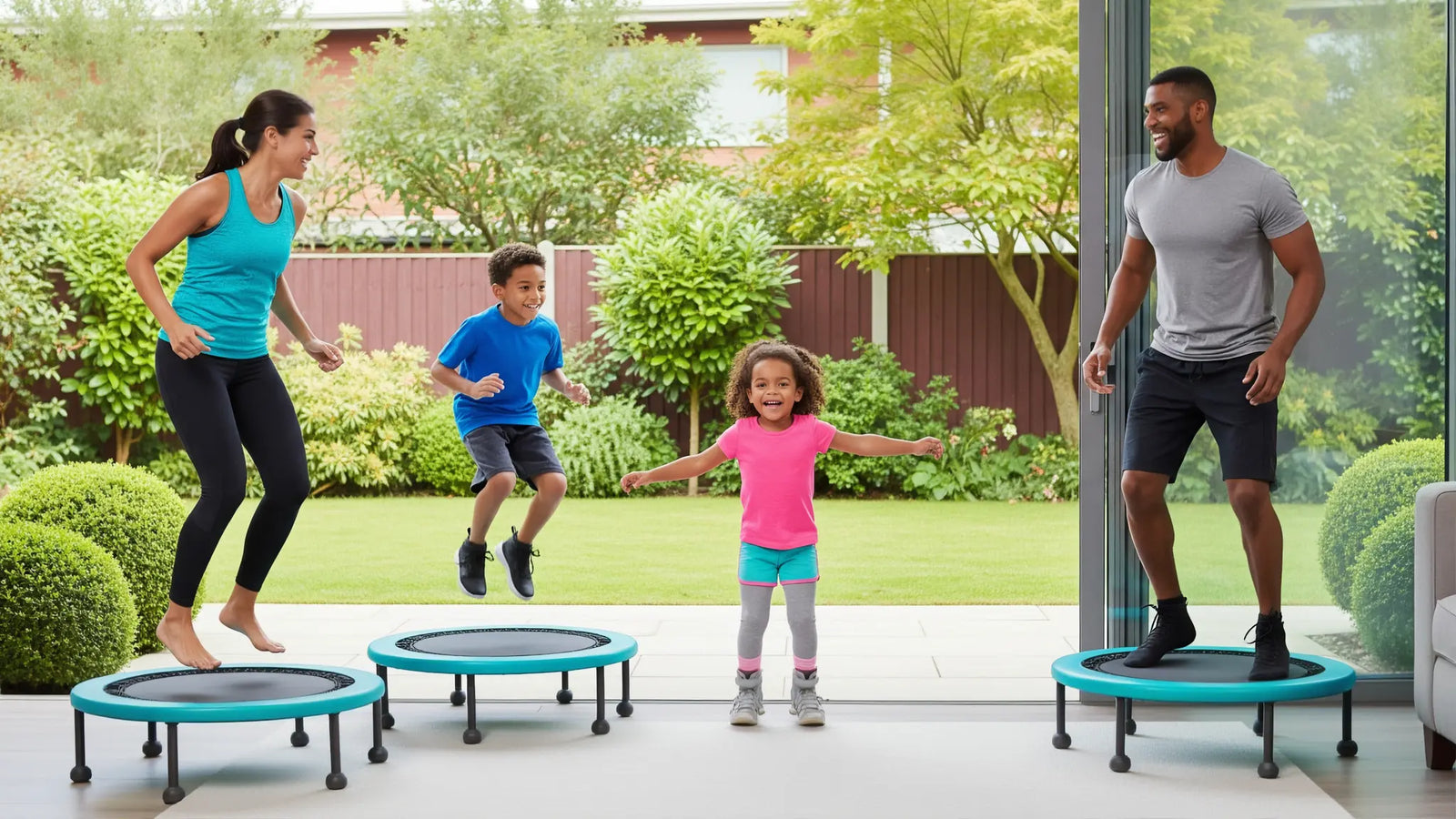 Family of four enjoying a trampoline home workout in a garden setting.