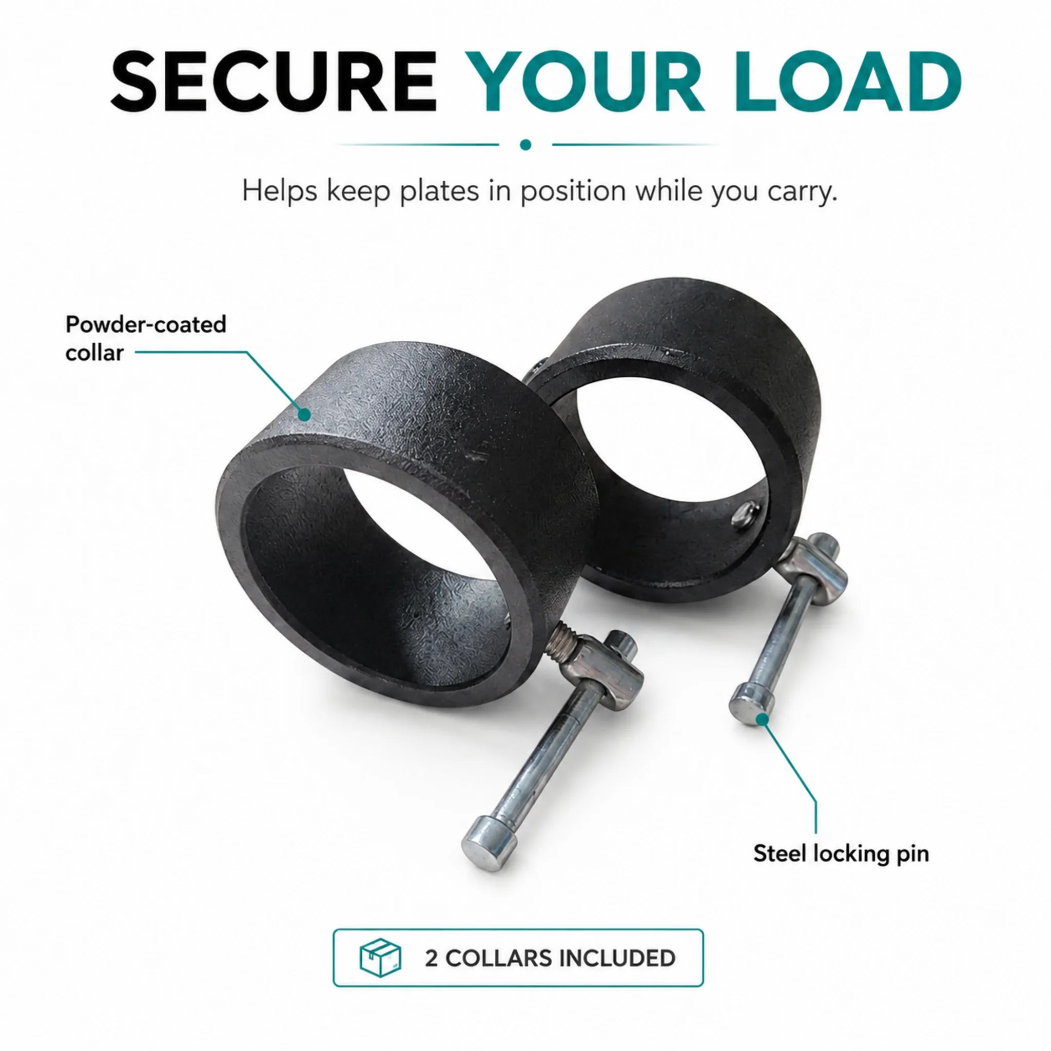 Black farmers walk handle collars with steel locking pins for securing weight plates