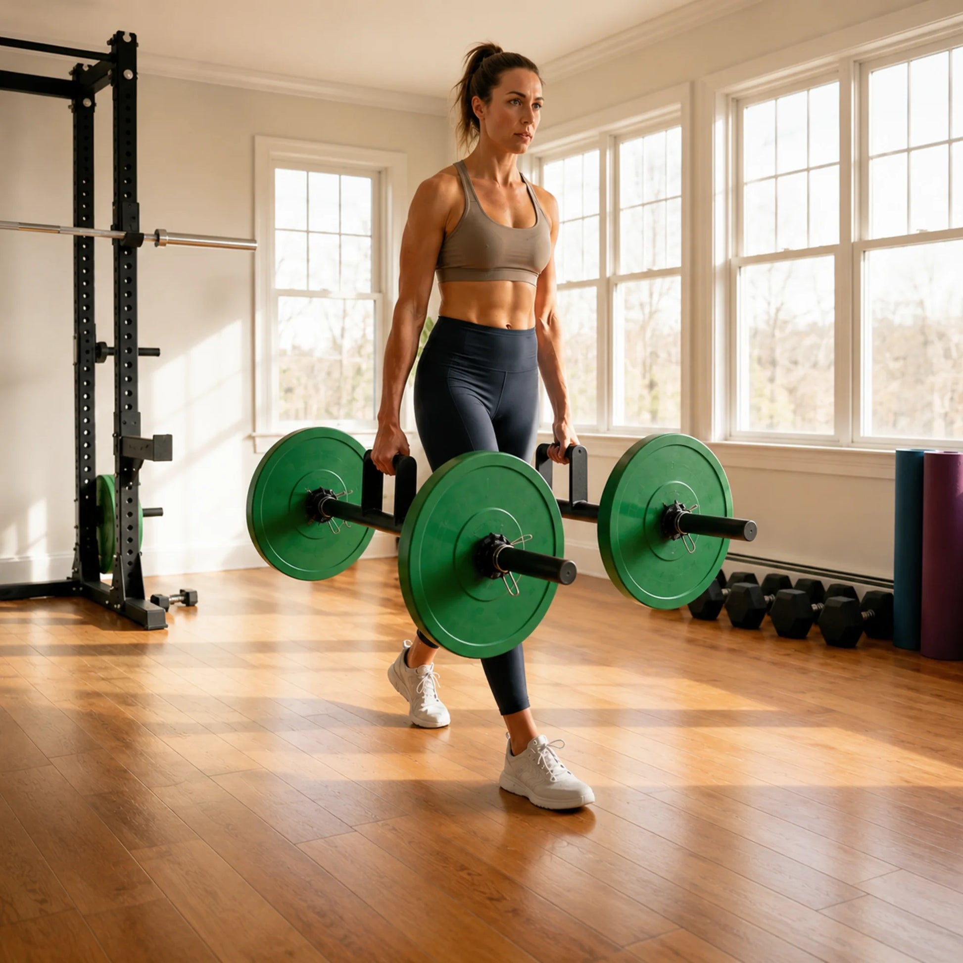 Woman performing a farmers walk with plate loaded carry handles in a home gym