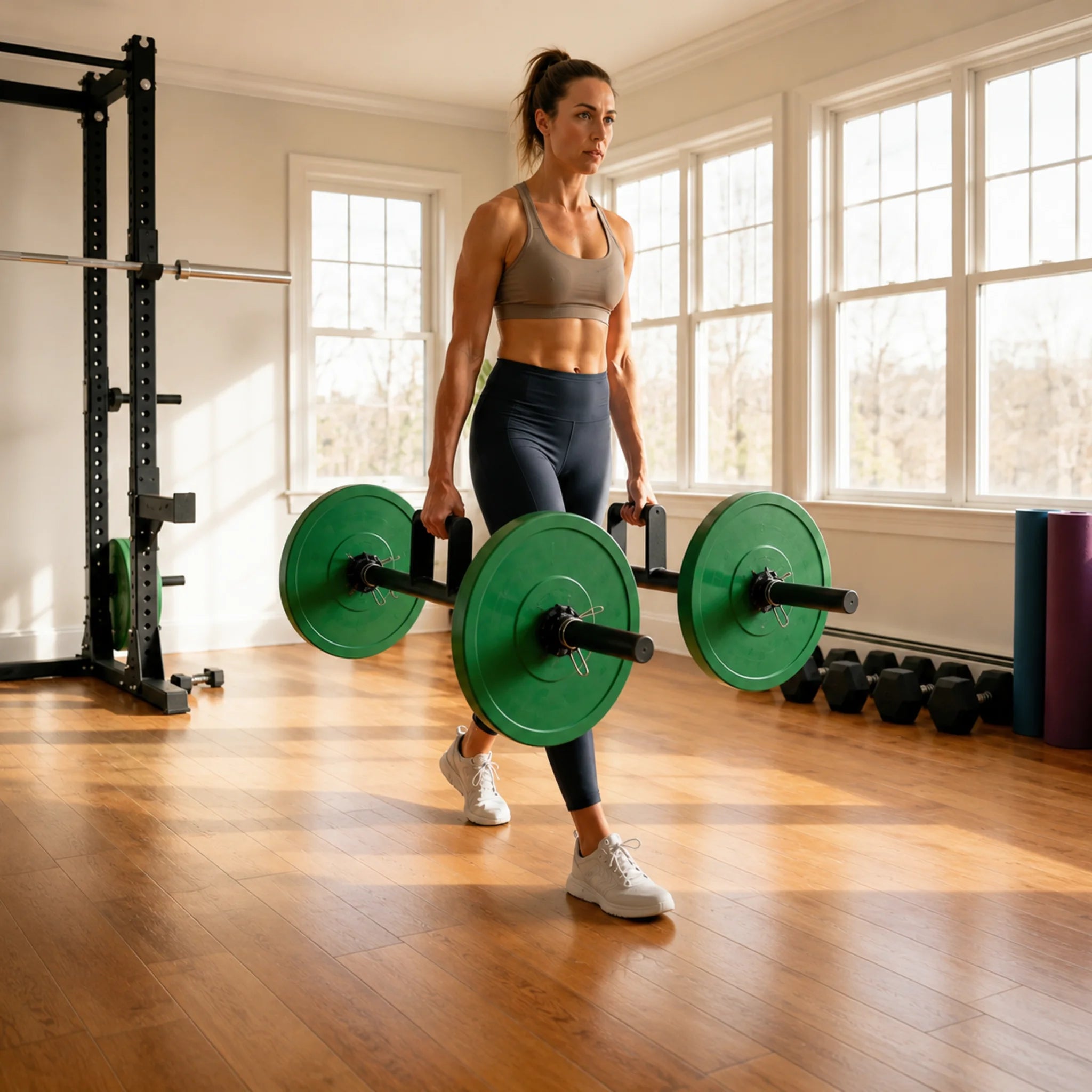 Woman performing a farmers walk with plate loaded carry handles in a home gym