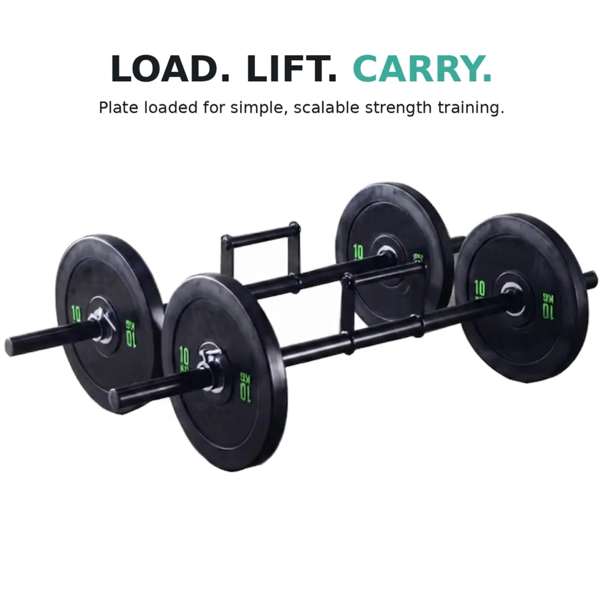 Plate loaded farmers walk handle with weight plates fitted on both sides