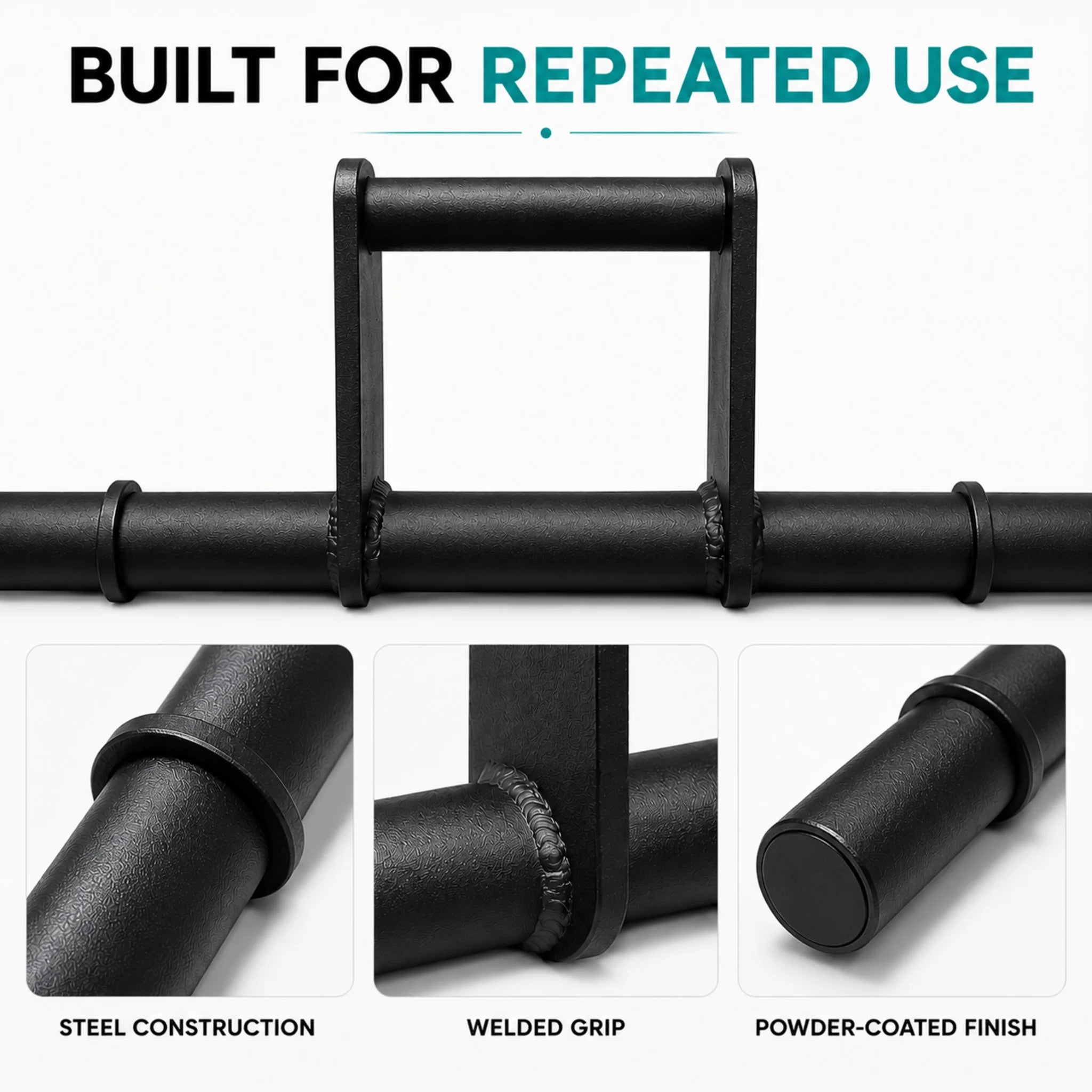 Close-up details of farmers walk handle steel construction, welded grip and powder-coated finish