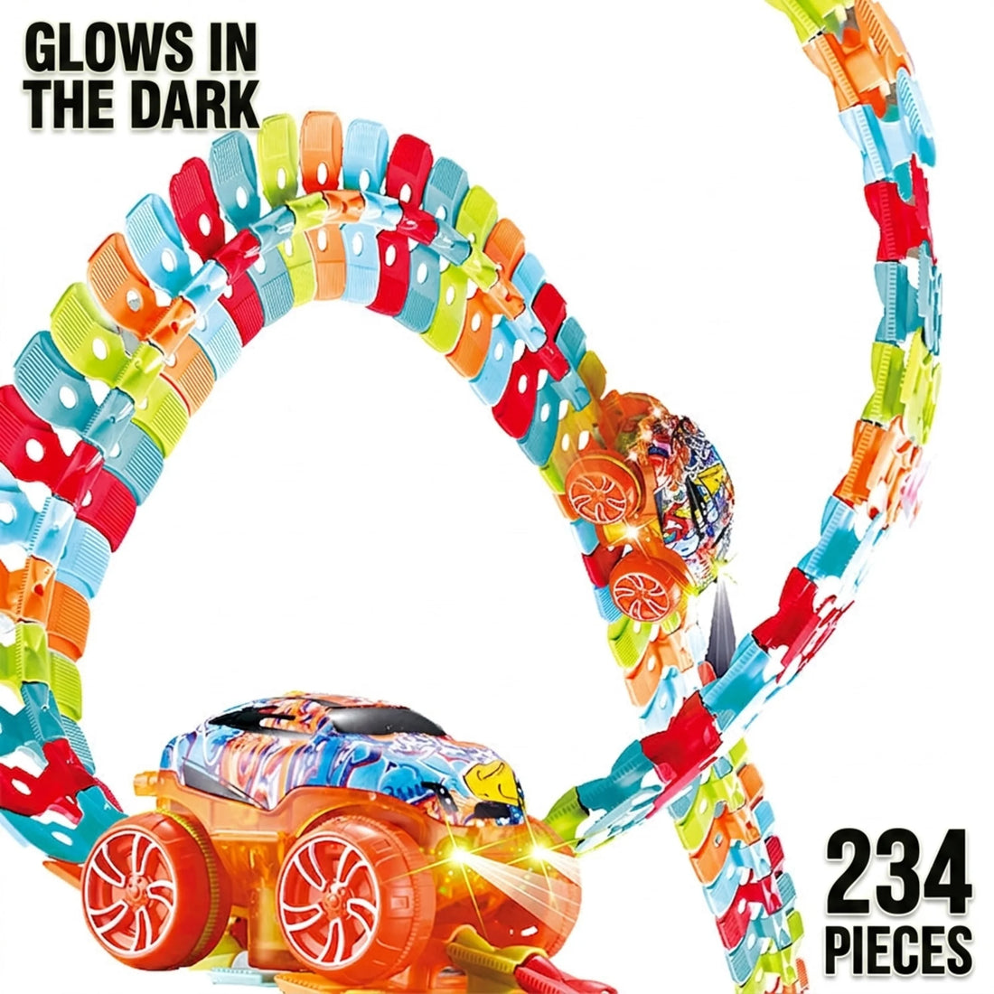 Flexible race track set with glow in the dark track, 234 pieces and stunt car
