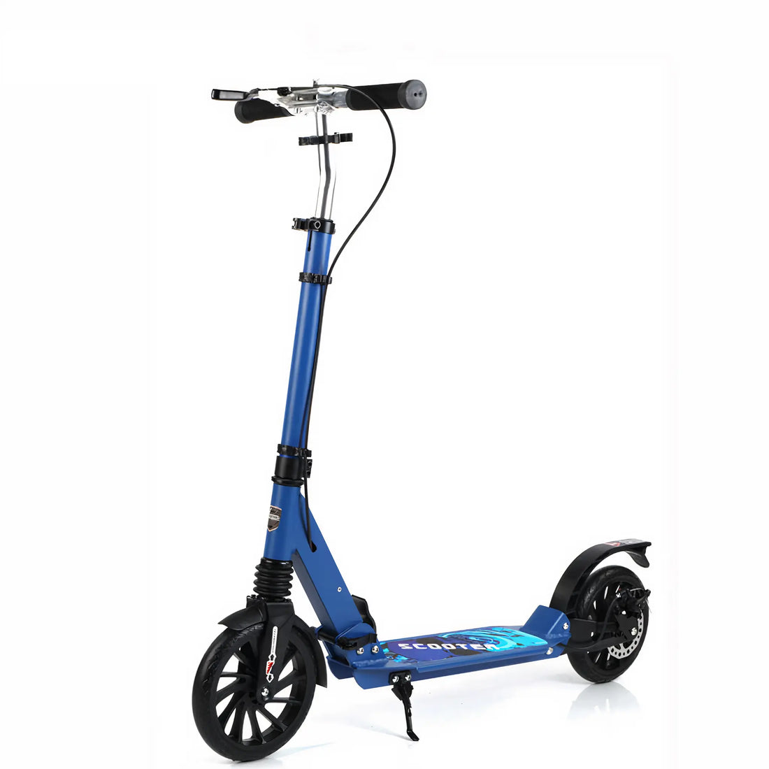Child riding big wheel foldable kick scooter in park with parent, outdoor everyday use