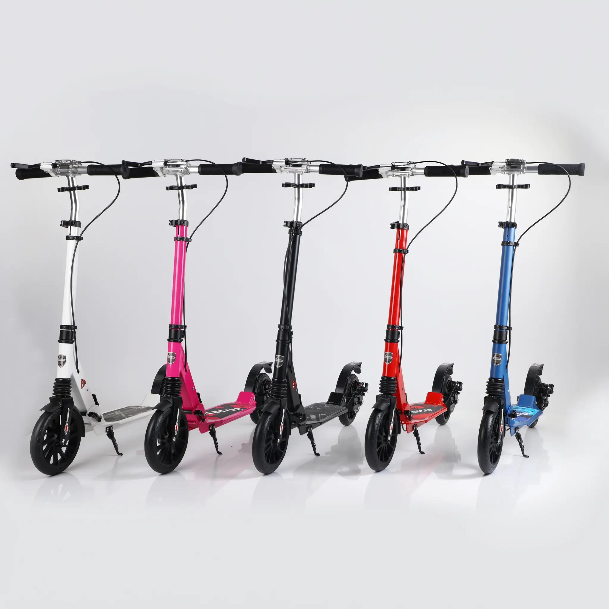 Foldable kick scooter available in multiple colours including black blue red pink and white