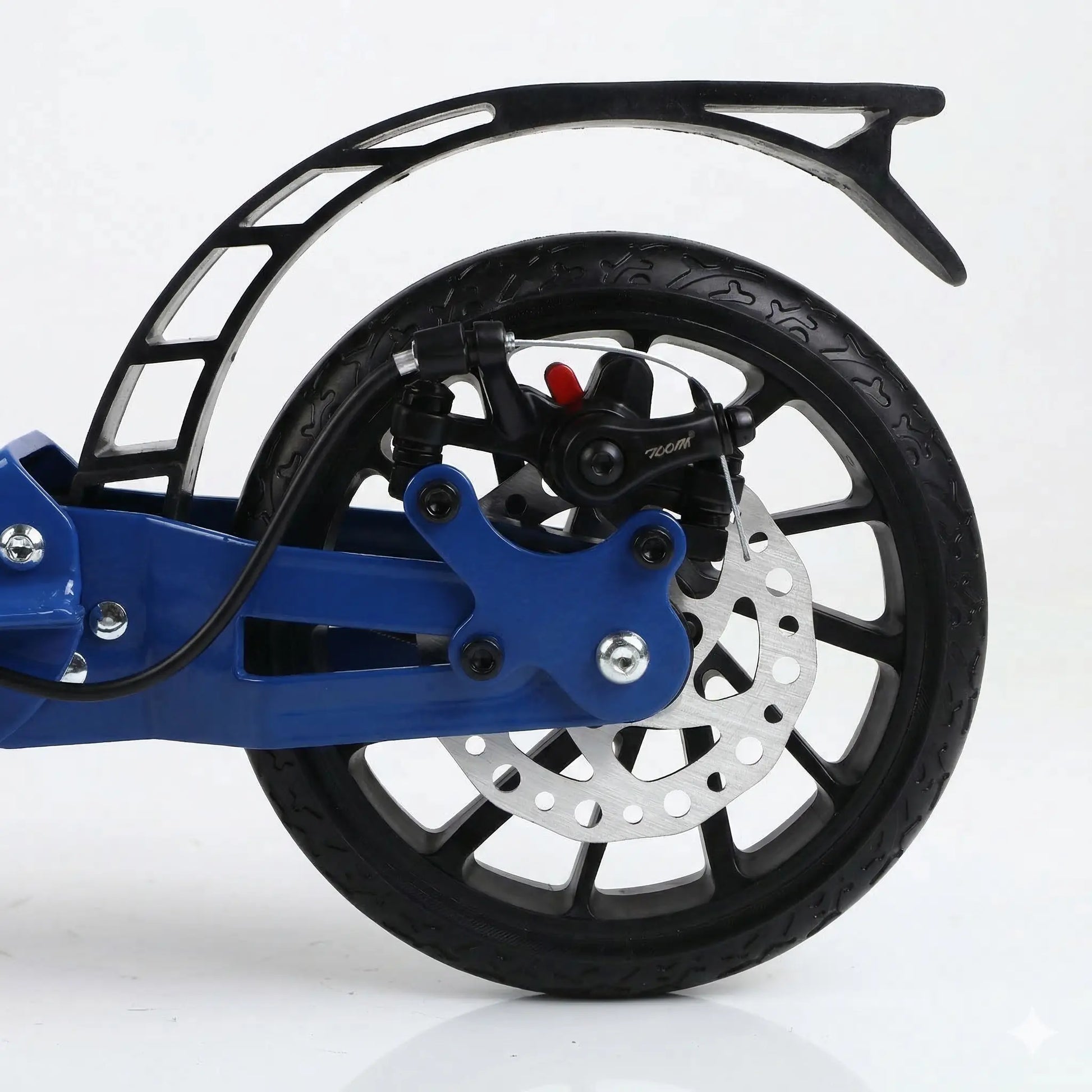 Rear disc brake detail on foldable kick scooter showing braking system