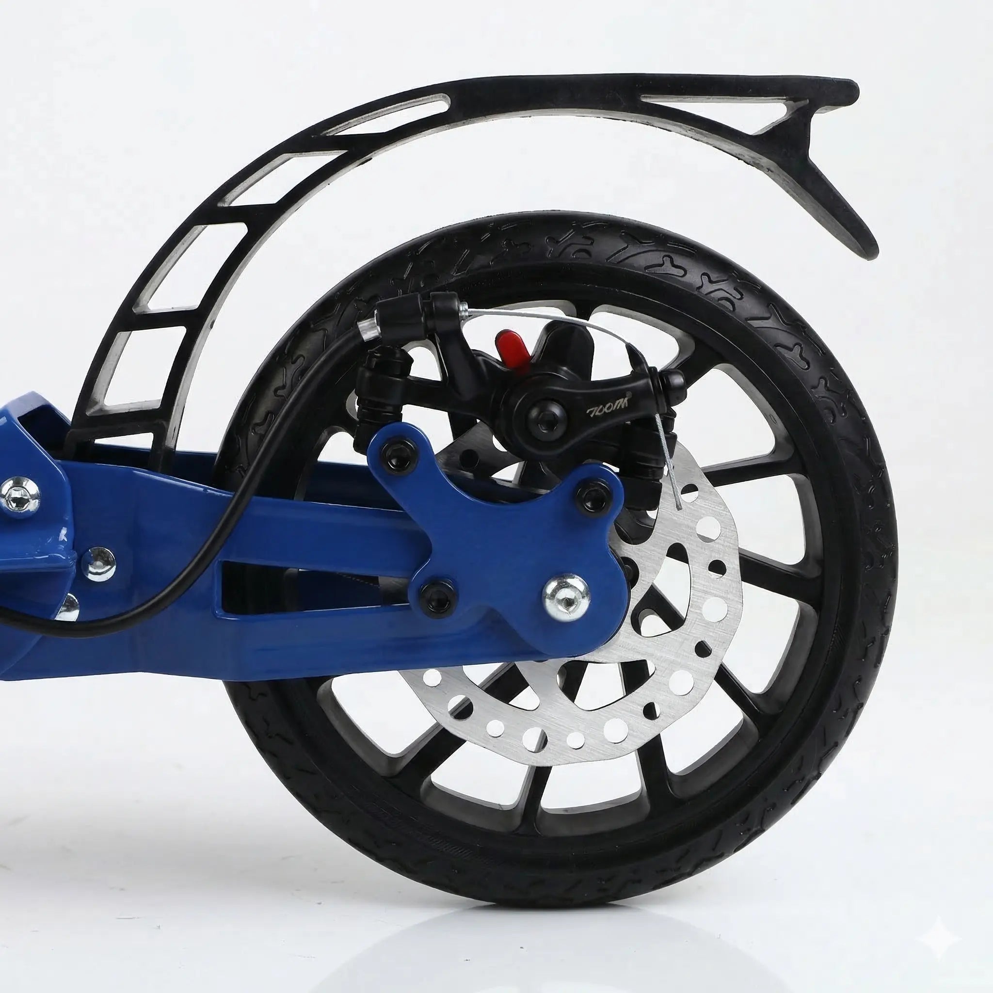 Rear disc brake detail on foldable kick scooter showing braking system