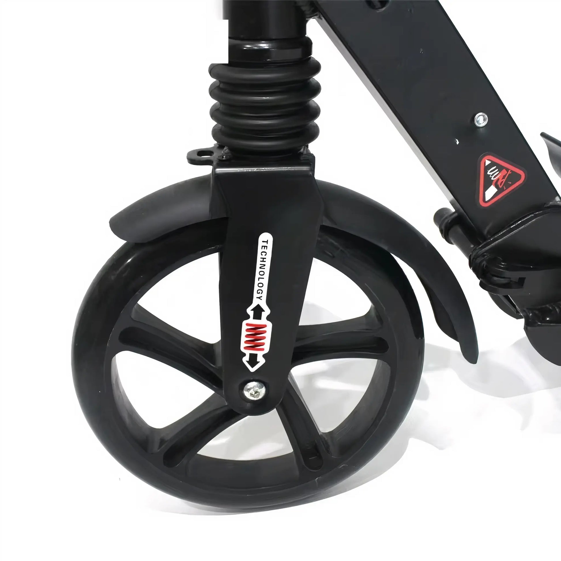 Front suspension and large wheel detail on foldable kick scooter for smoother ride