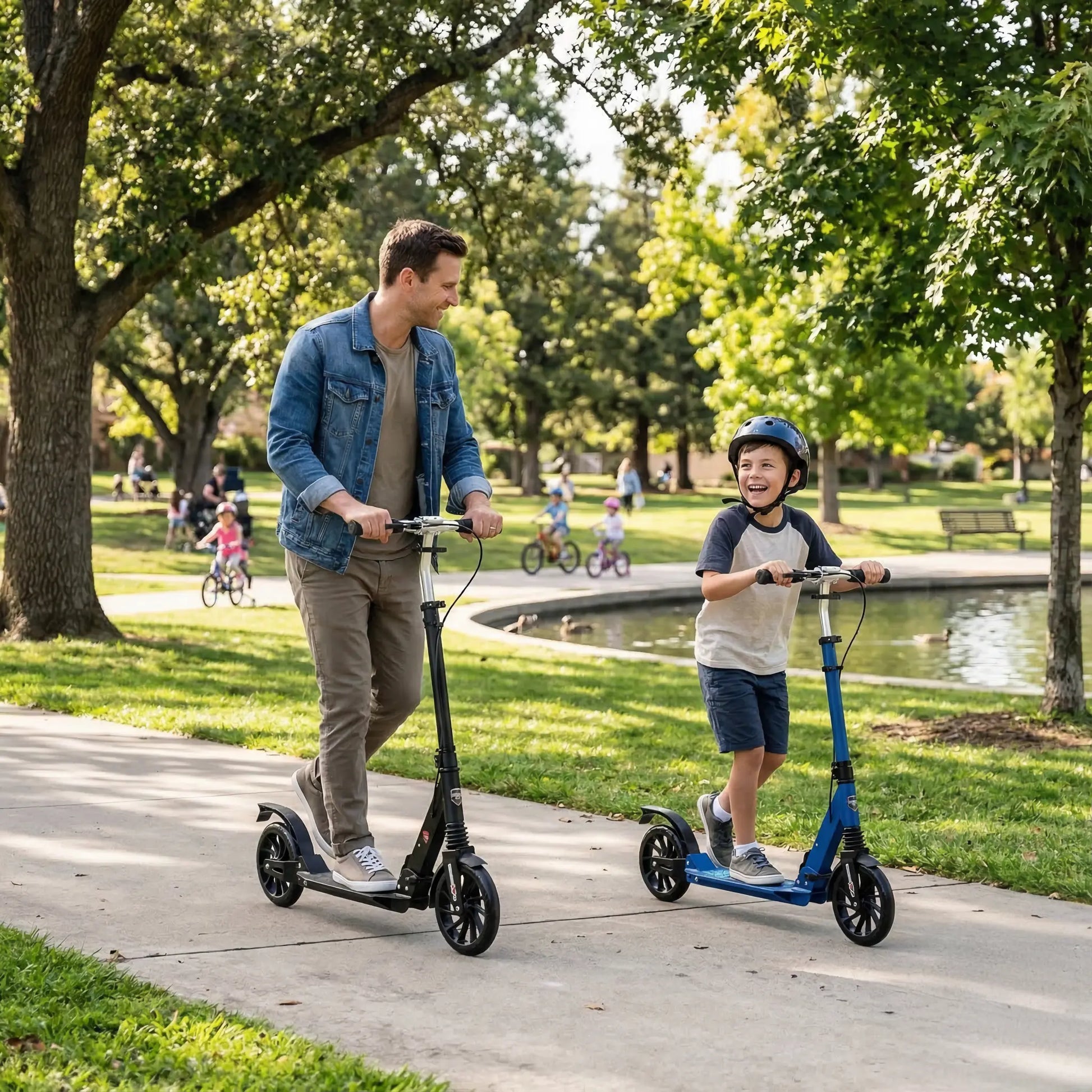 Child riding big wheel foldable kick scooter in park with parent, outdoor everyday use