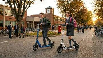 Two students on electric scooters in a schoolyard with other students and bicycles in the background.