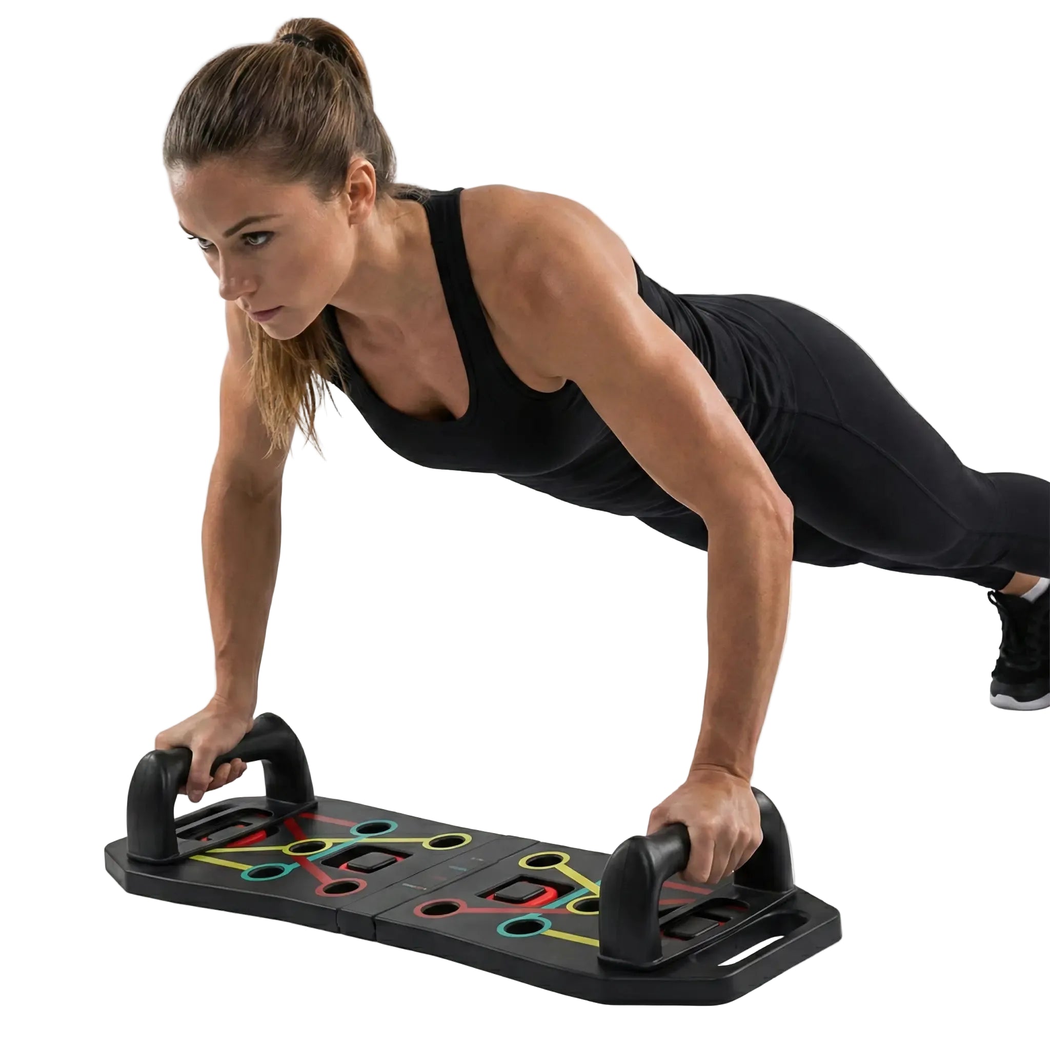 Person performing push-ups using a foldable colour-coded push-up board with raised handles