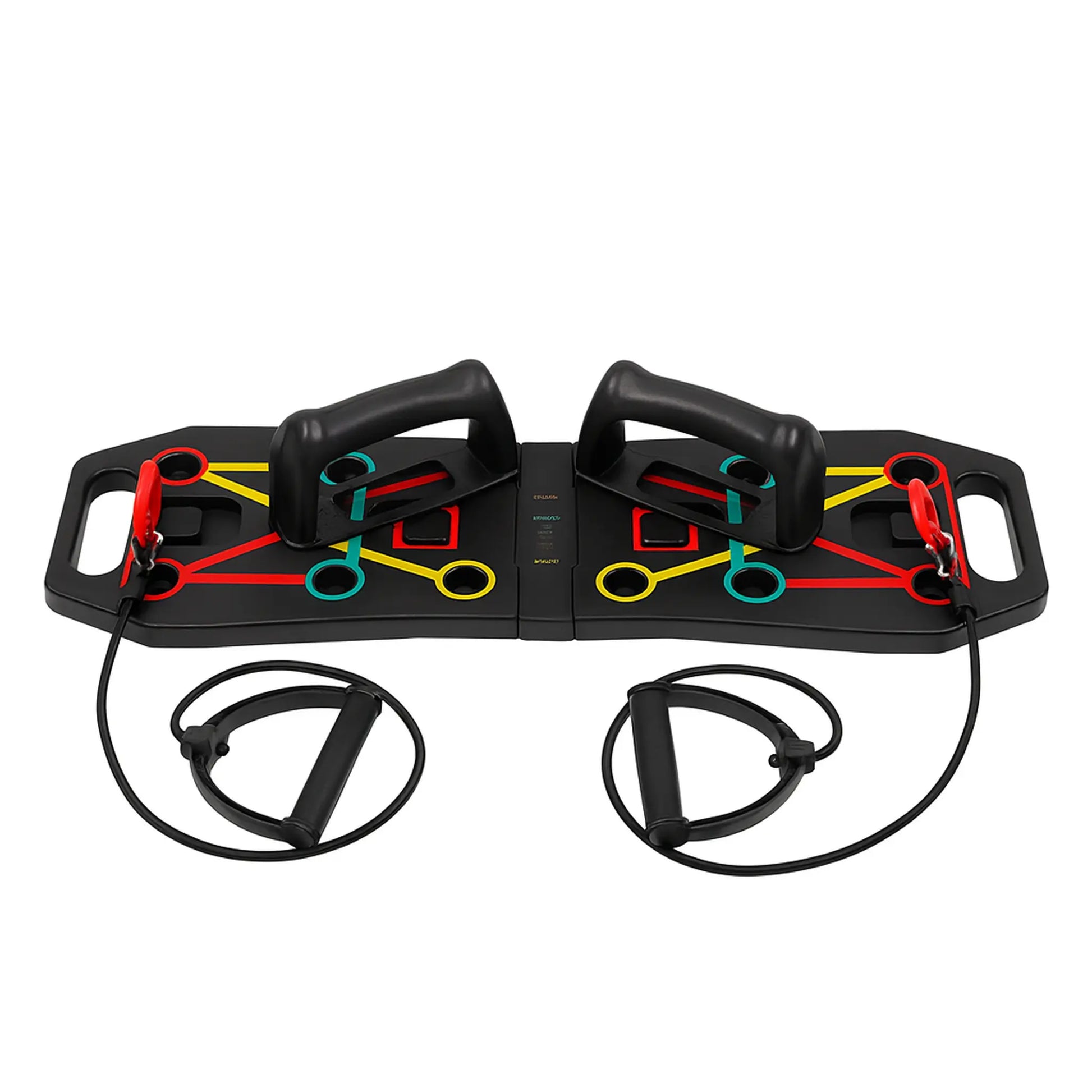 Foldable push-up board with colour-coded positions, ergonomic handles, and resistance bands
