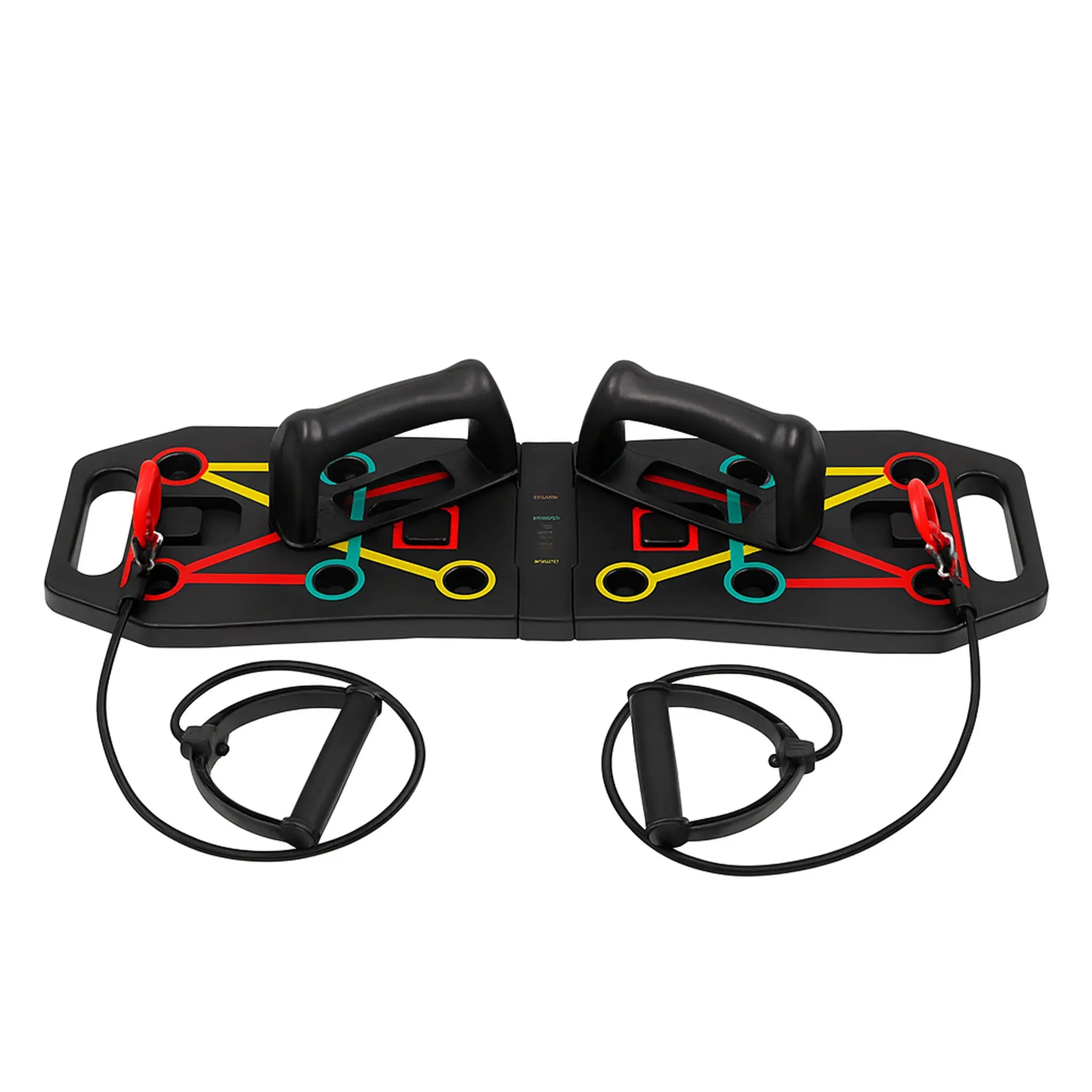 Foldable push-up board with colour-coded positions, ergonomic handles, and resistance bands