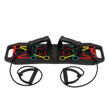 Foldable push-up board with colour-coded positions, ergonomic handles, and resistance bands