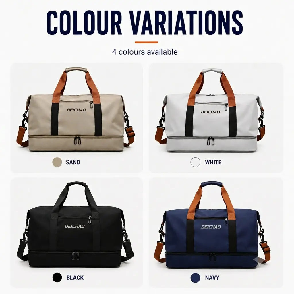 Gym and travel duffel bag available in Sand, White, Black and Navy