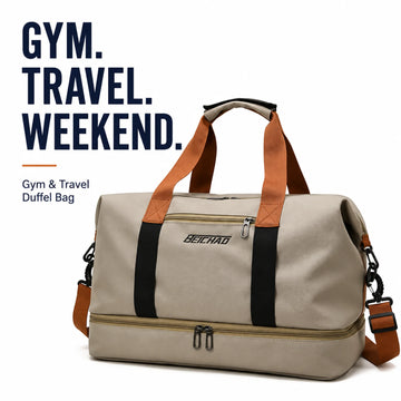 Gym and travel duffel bag with separate shoe compartment, shoulder strap and spacious holdall design