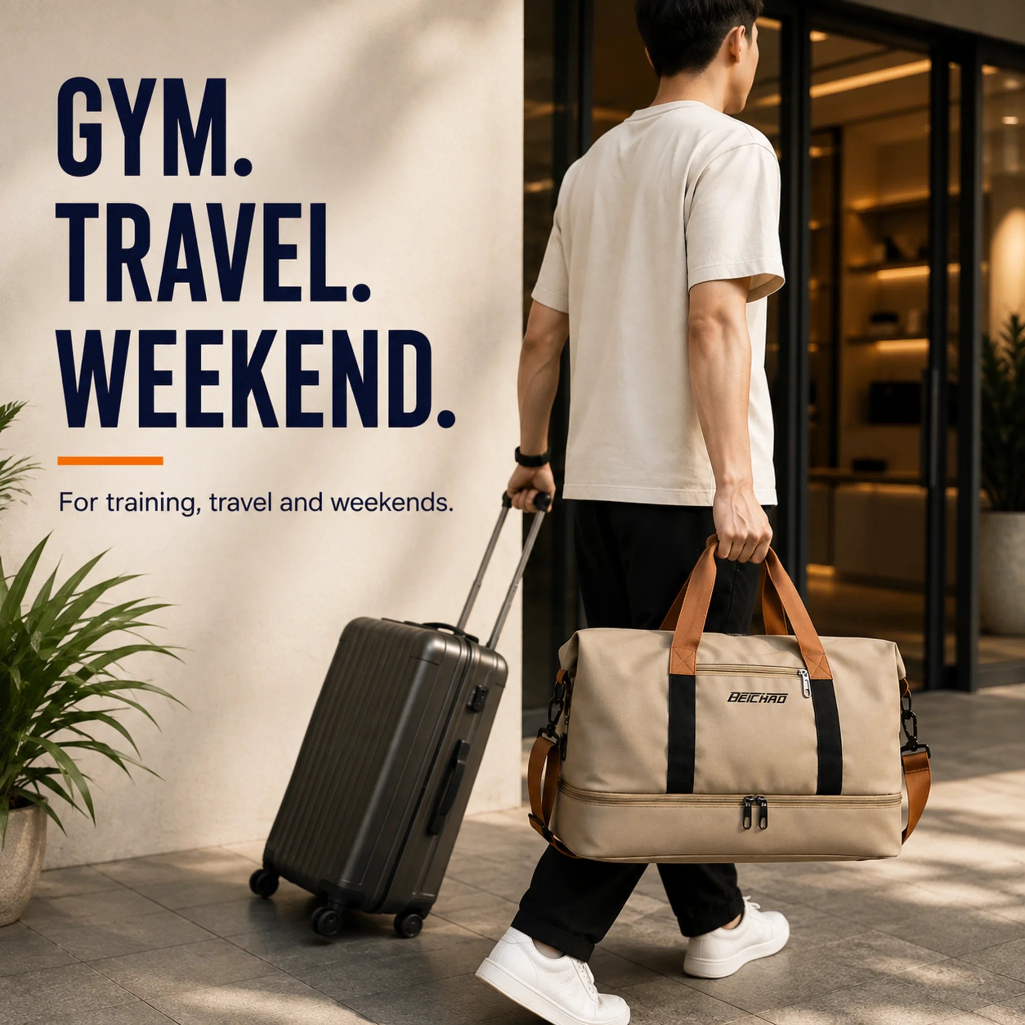 Person carrying gym and travel duffel bag with suitcase for training, travel and weekends
