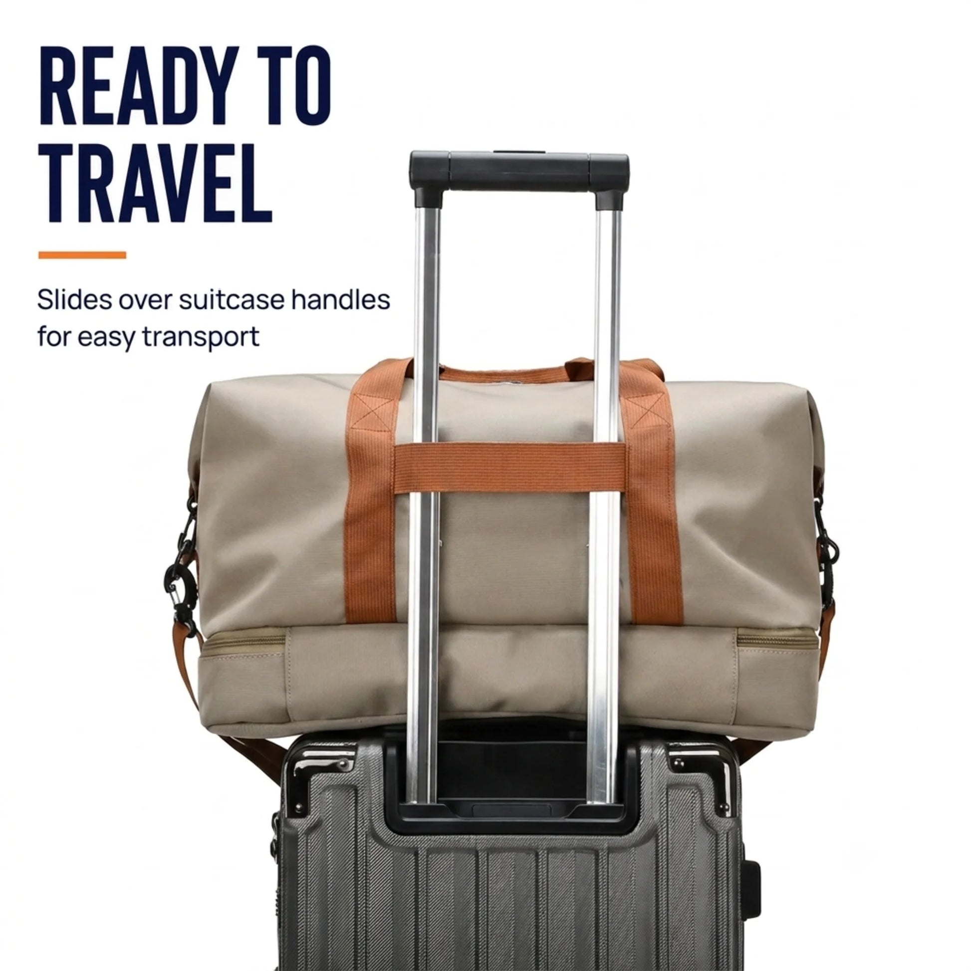 Gym and travel duffel bag with luggage sleeve fitted over suitcase handle
