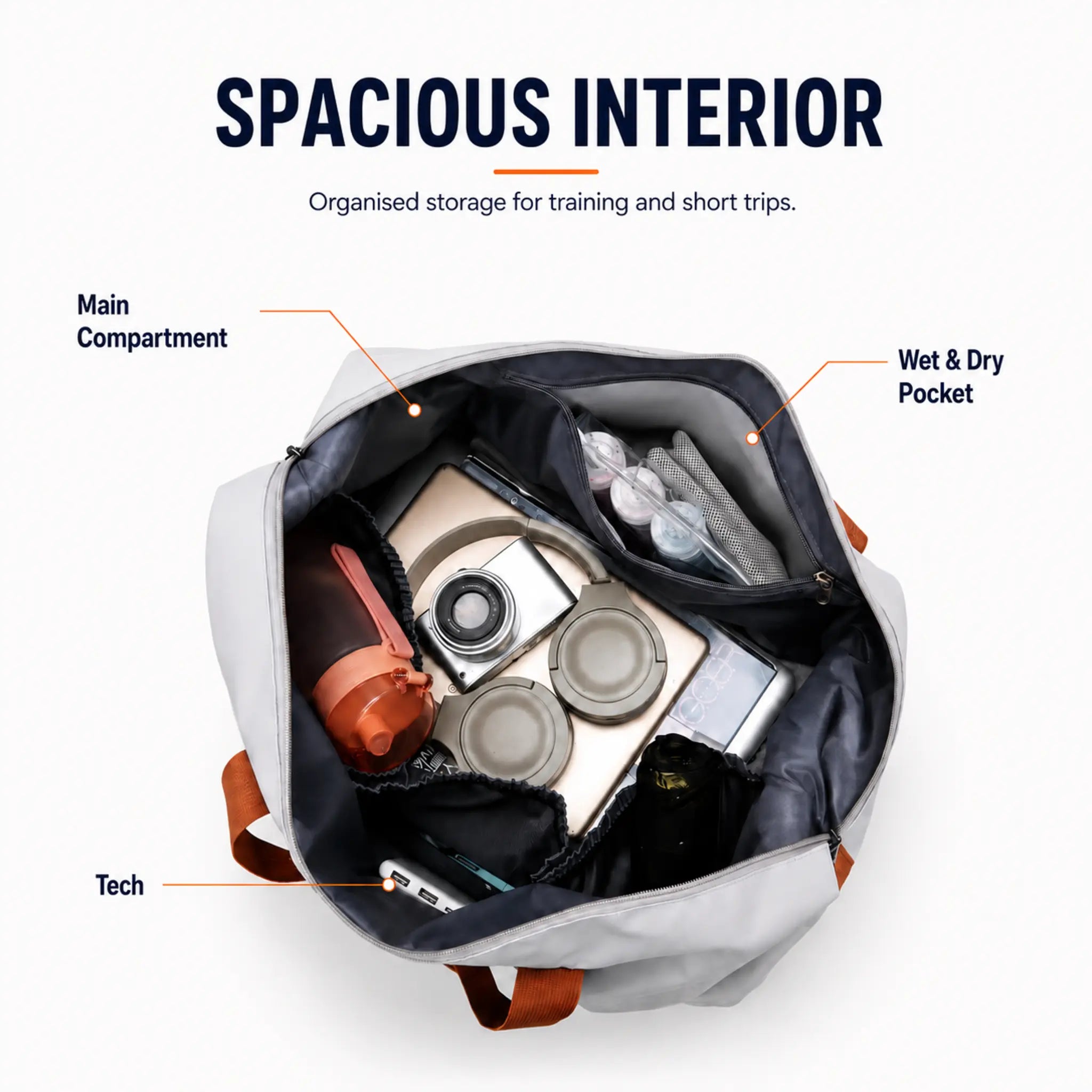 Gym and travel duffel bag showing spacious interior with main compartment, wet and dry pocket, and tech storage