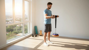 Man doing an arm strengthening workout at home with a forearm strengthener.