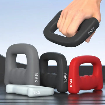 Hand weights shown in hand with multiple weight options for scale and grip