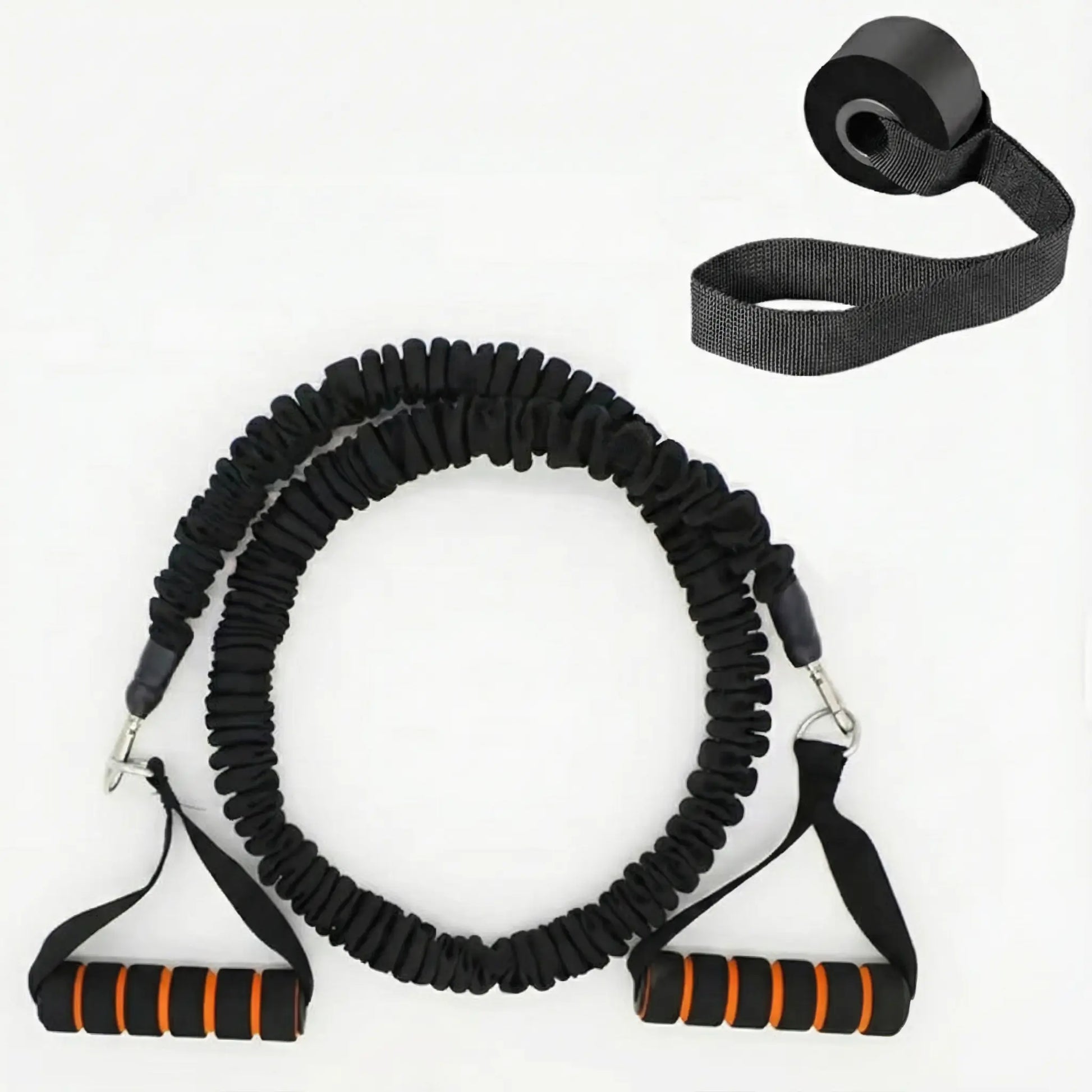 Heavy-duty resistance band set featuring a black nylon anti-snap sleeve and orange-striped foam handles, shown with the included black door anchor strap on a white background.