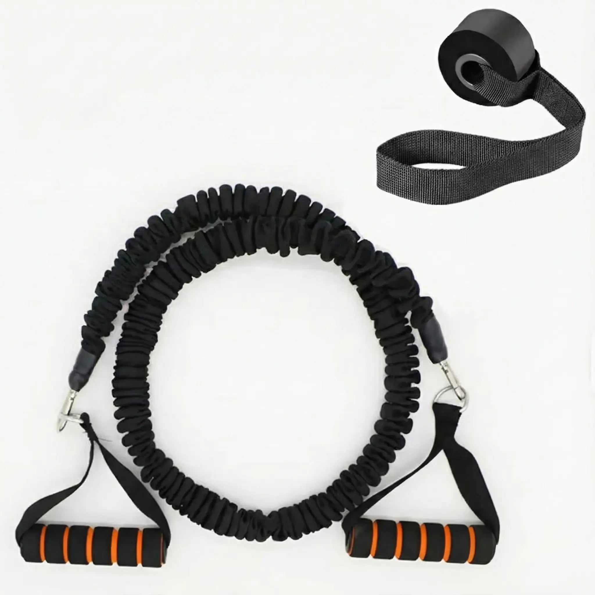 Heavy-duty resistance band set featuring a black nylon anti-snap sleeve and orange-striped foam handles, shown with the included black door anchor strap on a white background.