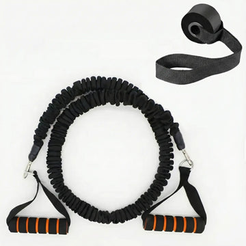 Heavy-duty resistance band set featuring a black nylon anti-snap sleeve and orange-striped foam handles, shown with the included black door anchor strap on a white background.