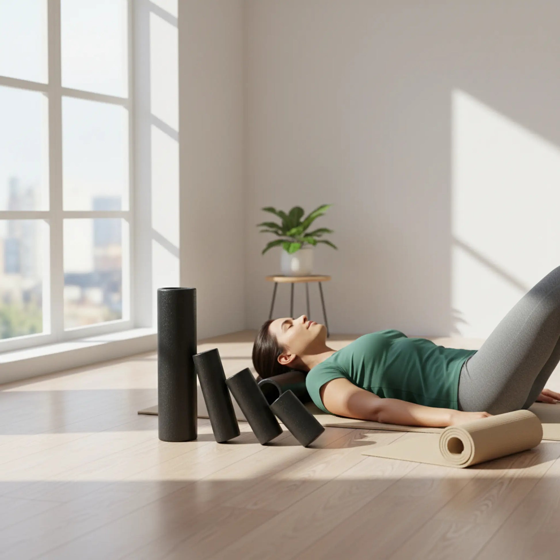 Woman using a high-density foam roller at home in a bright sunlit room.