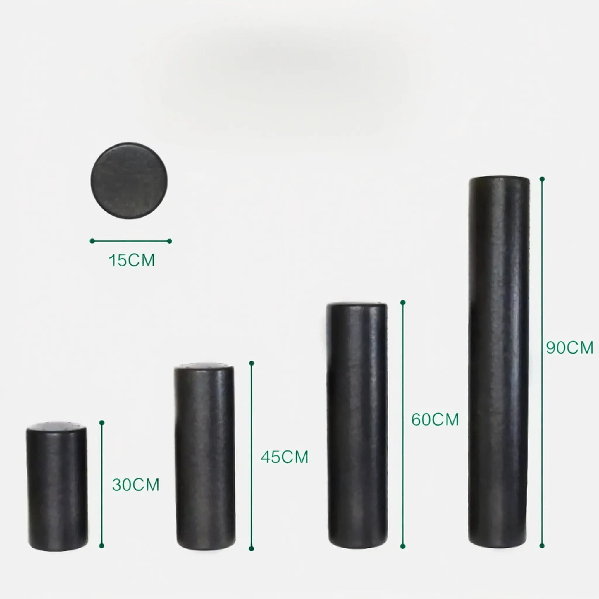 Foam roller size chart showing 30 cm, 45 cm, 60 cm, 90 cm lengths with 15 cm diameter.