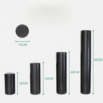 Foam roller size chart showing 30 cm, 45 cm, 60 cm, 90 cm lengths with 15 cm diameter.