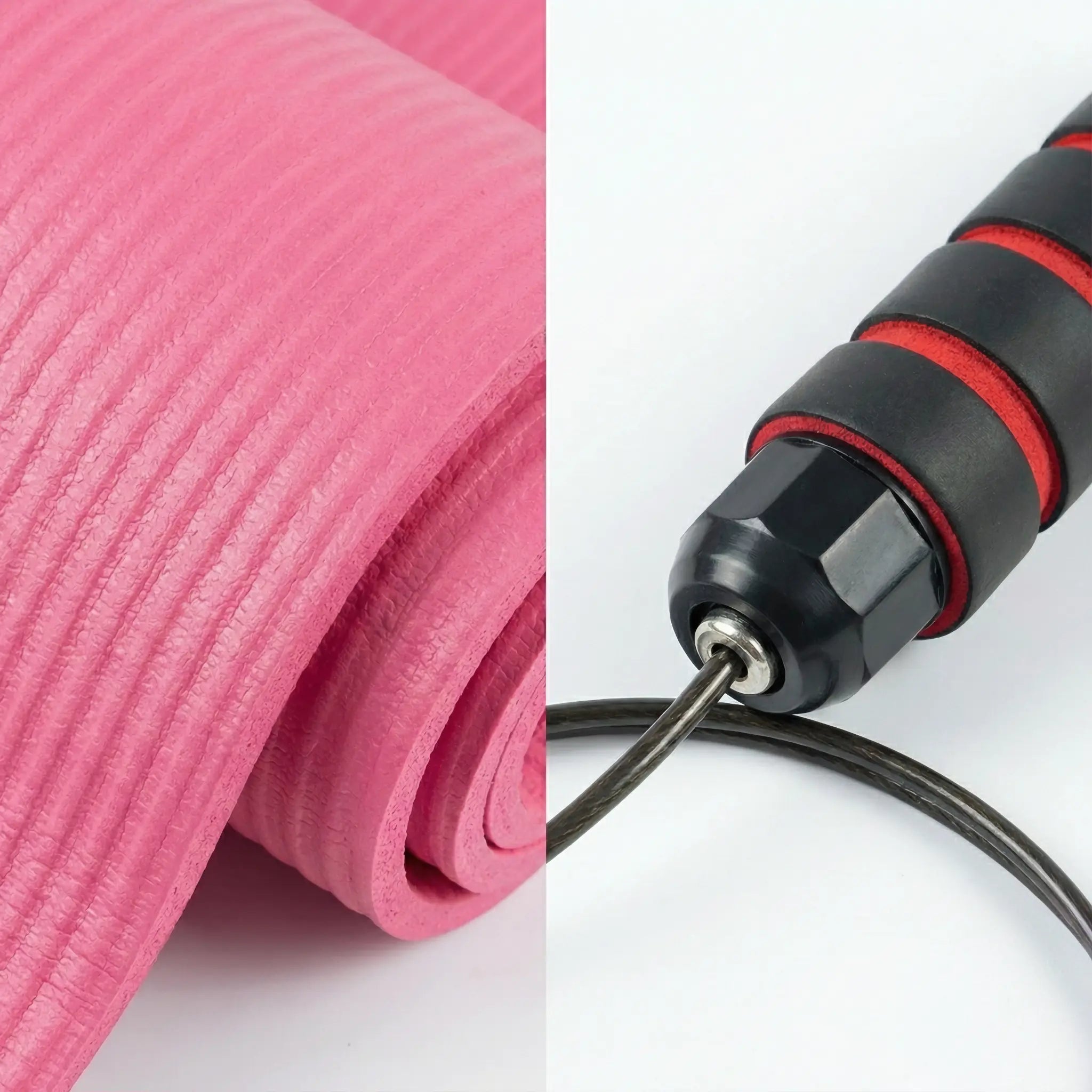 Close-up detail of exercise mat texture and skipping rope handle
