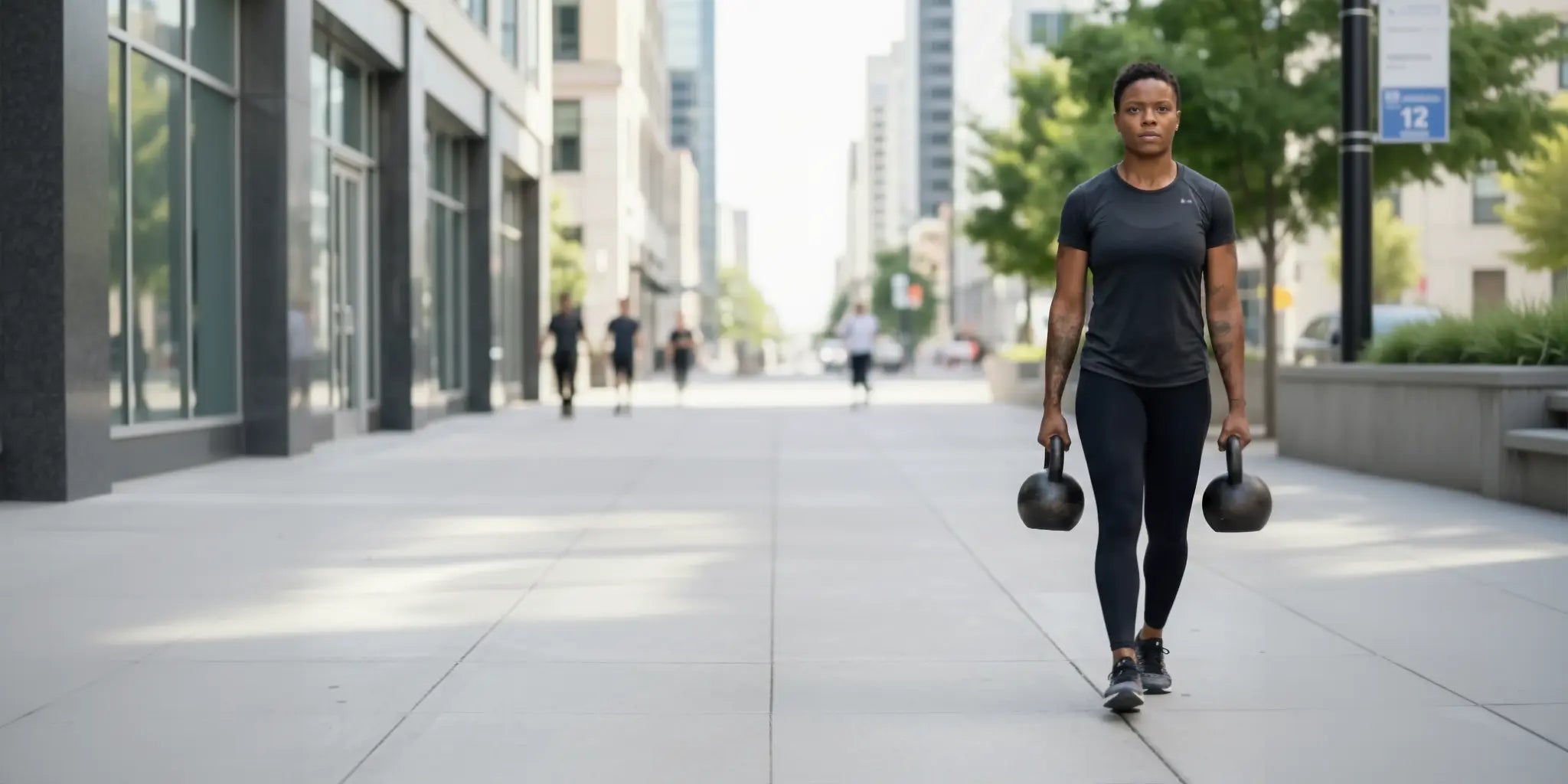 Woman demonstrating dynamic strength with a kettlebell farmers walk in an urban setting.1621243260e1af0c20-0