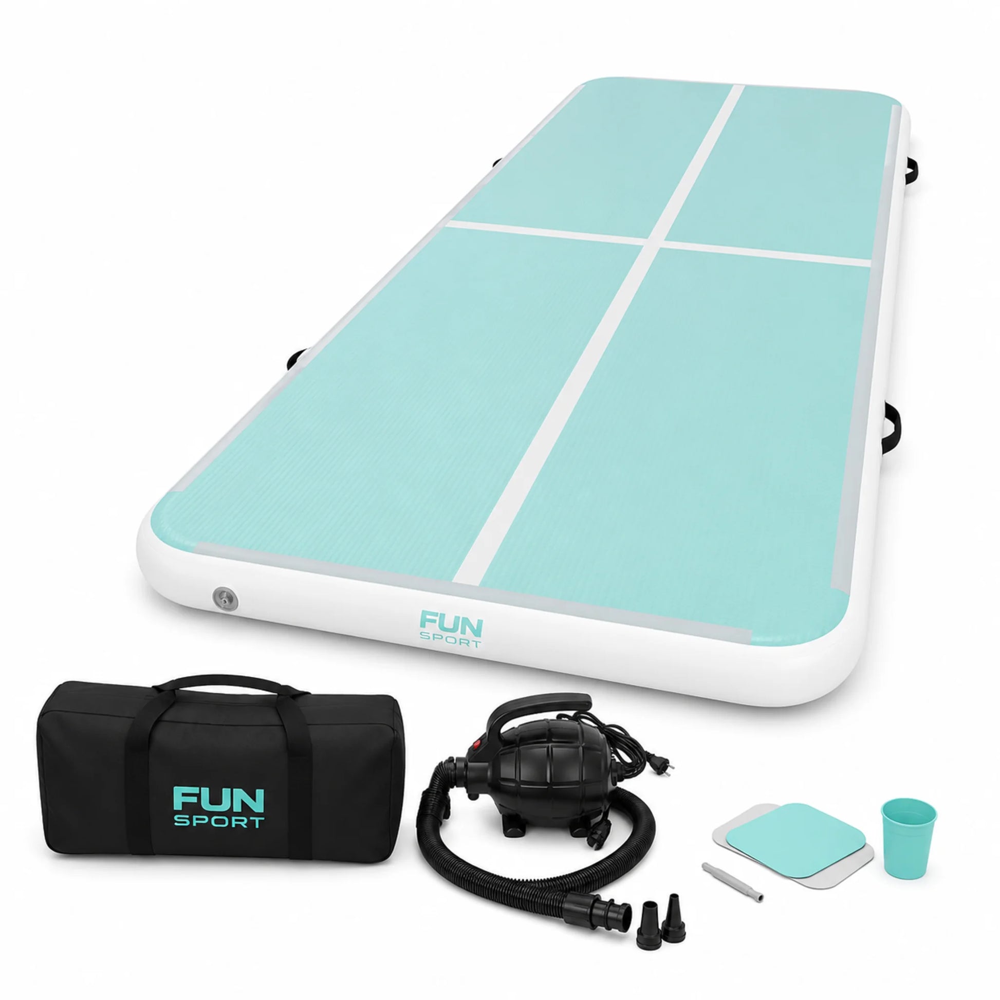 Inflatable air track gymnastics mat in mint green with electric pump