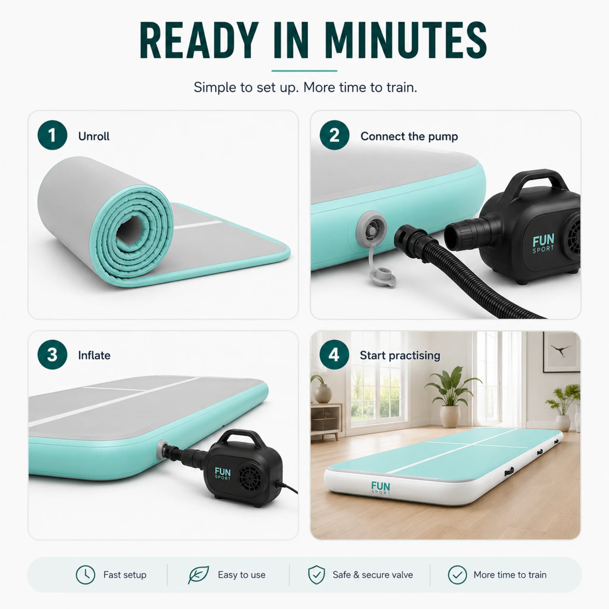 Inflatable air track with electric pump showing quick setup in four simple steps
